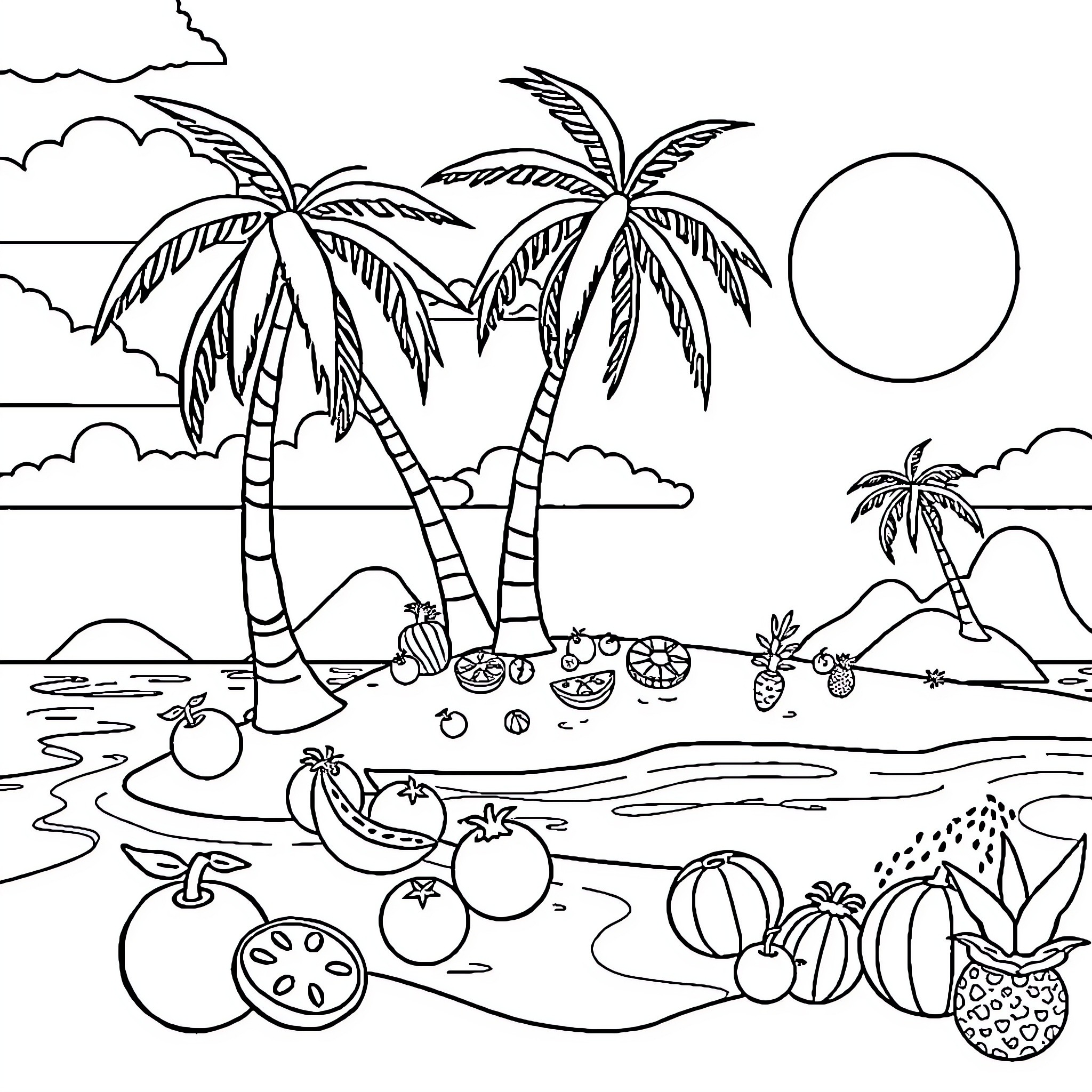 Roblox Fruit Beach Paradise with Palm Trees Coloring Page (free black-and-white line drawing printable PDF for all, from beginners to advanced learners, including children, teens, adults, and seniors)