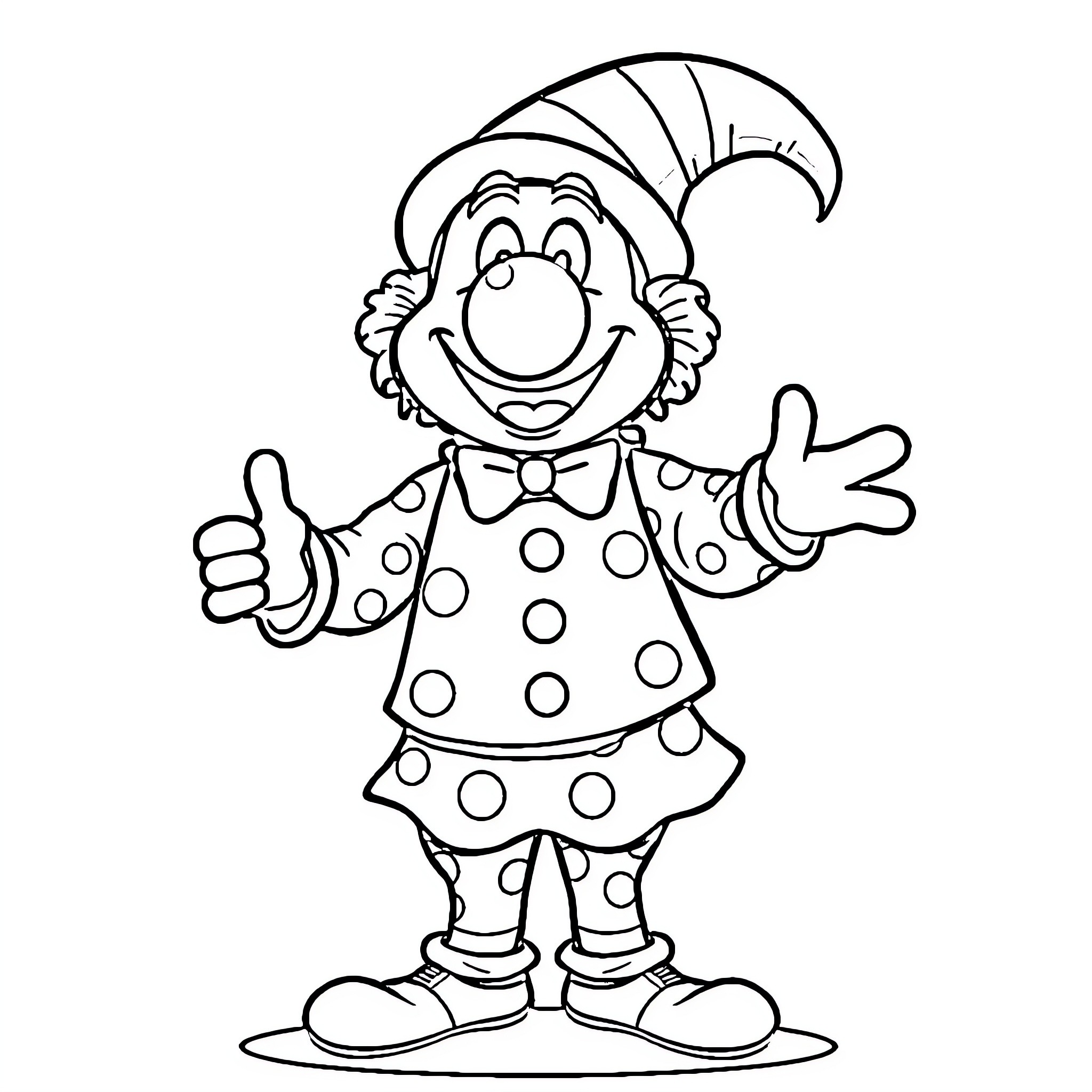 Plim Plim Cheerful Clown with Playful Gestures Coloring Page (free black-and-white line drawing printable PDF for all, from beginners to advanced learners, including children, teens, adults, and seniors)