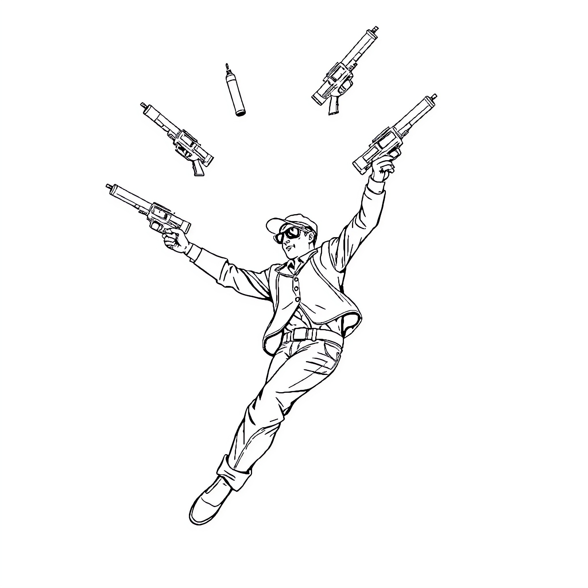 Turret of action with guns in the air Coloring Page (free black-and-white line drawing printable PDF for all, from beginners to advanced learners, including children, teens, adults, and seniors)