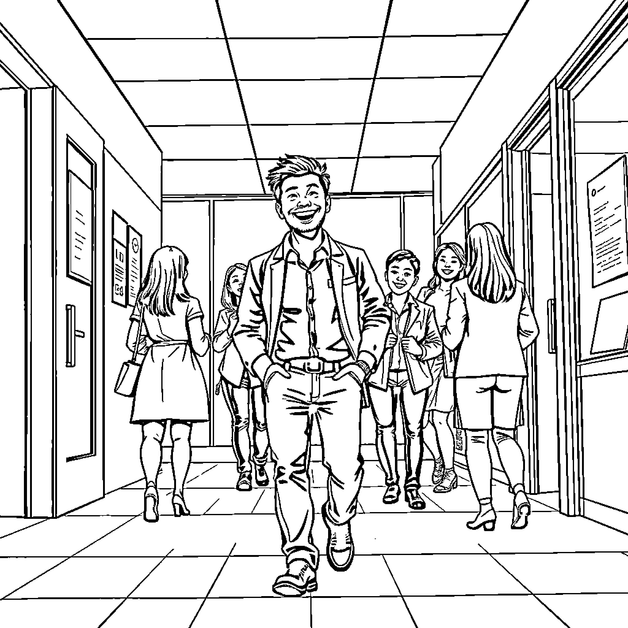 Man walking confidently through school hallway with students Coloring Page (free black-and-white line drawing printable PDF for all, from beginners to advanced learners, including children, teens, adults, and seniors)