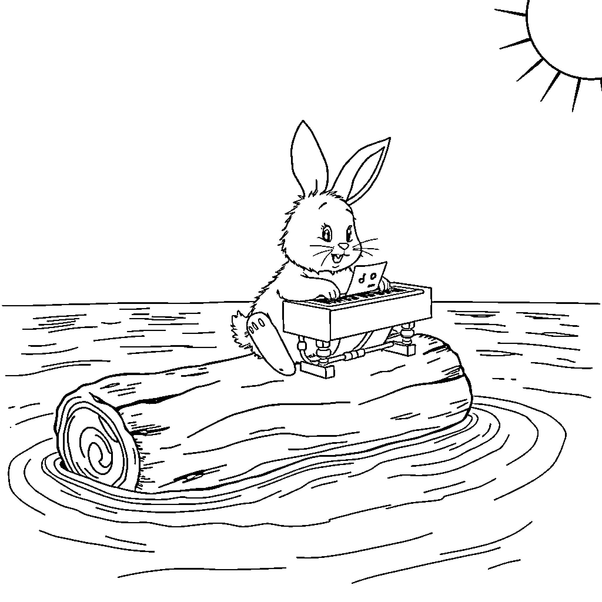 Rabbit boating on the lake Coloring Page (free black-and-white line drawing printable PDF for all, from beginners to advanced learners, including children, teens, adults, and seniors)
