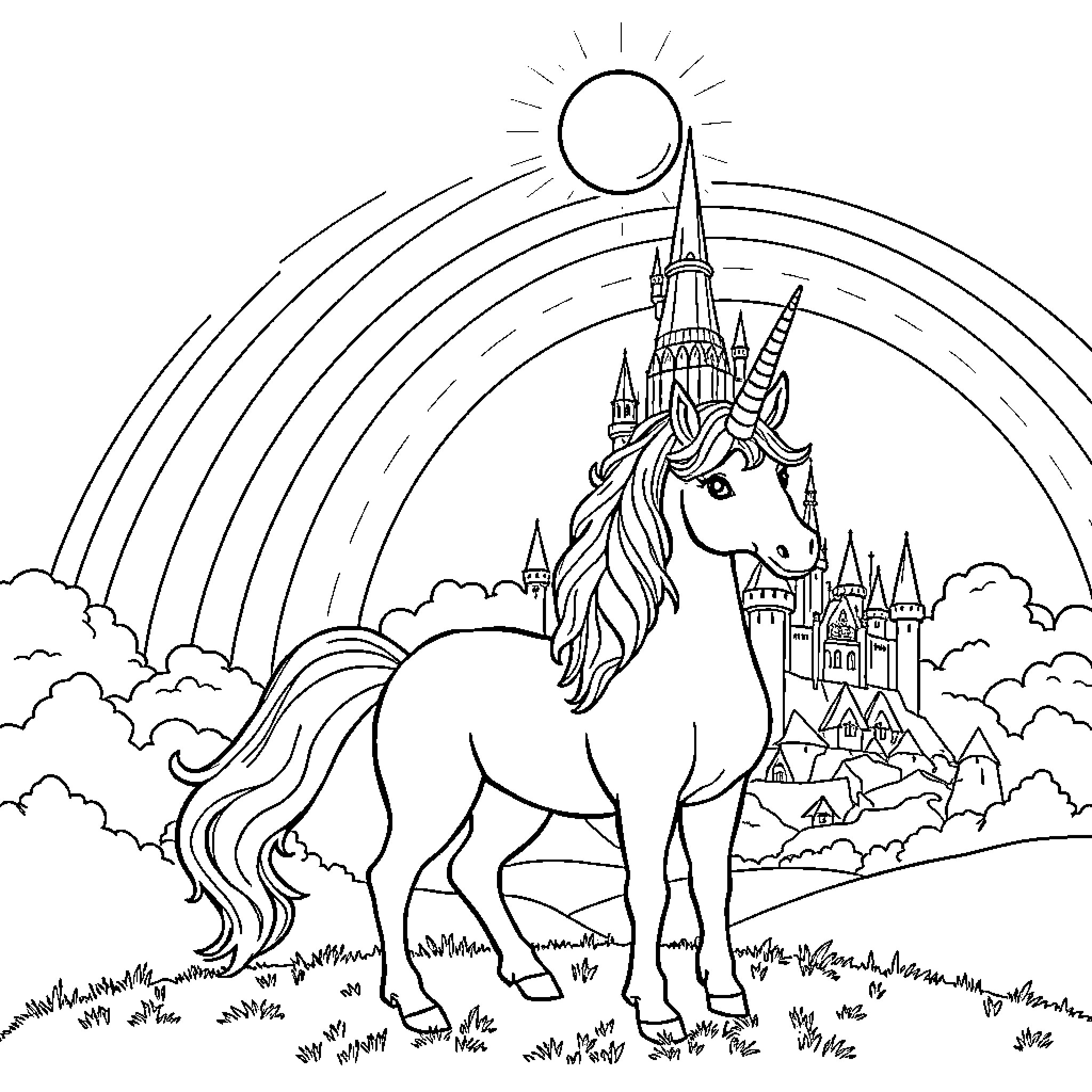 Unicorn gazing at magical castle under the sun Coloring Page (free black-and-white line drawing printable PDF for all, from beginners to advanced learners, including children, teens, adults, and seniors)