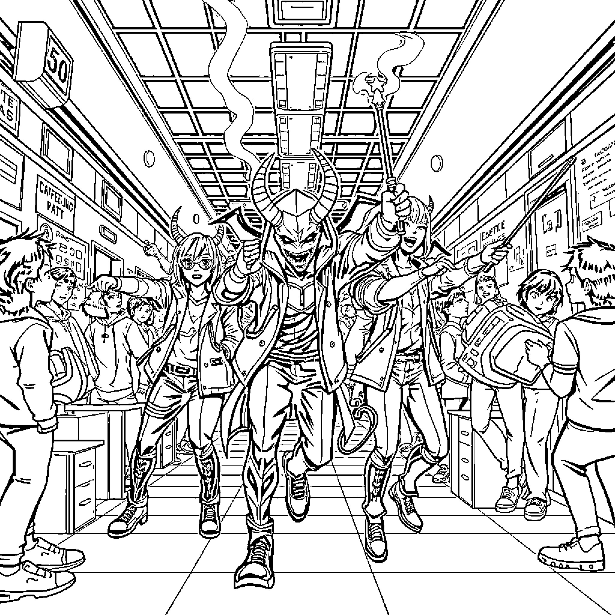 Demon Hunter Confronts Adversaries in Crowded City Street Coloring Page (free black-and-white line drawing printable PDF for all, from beginners to advanced learners, including children, teens, adults, and seniors)