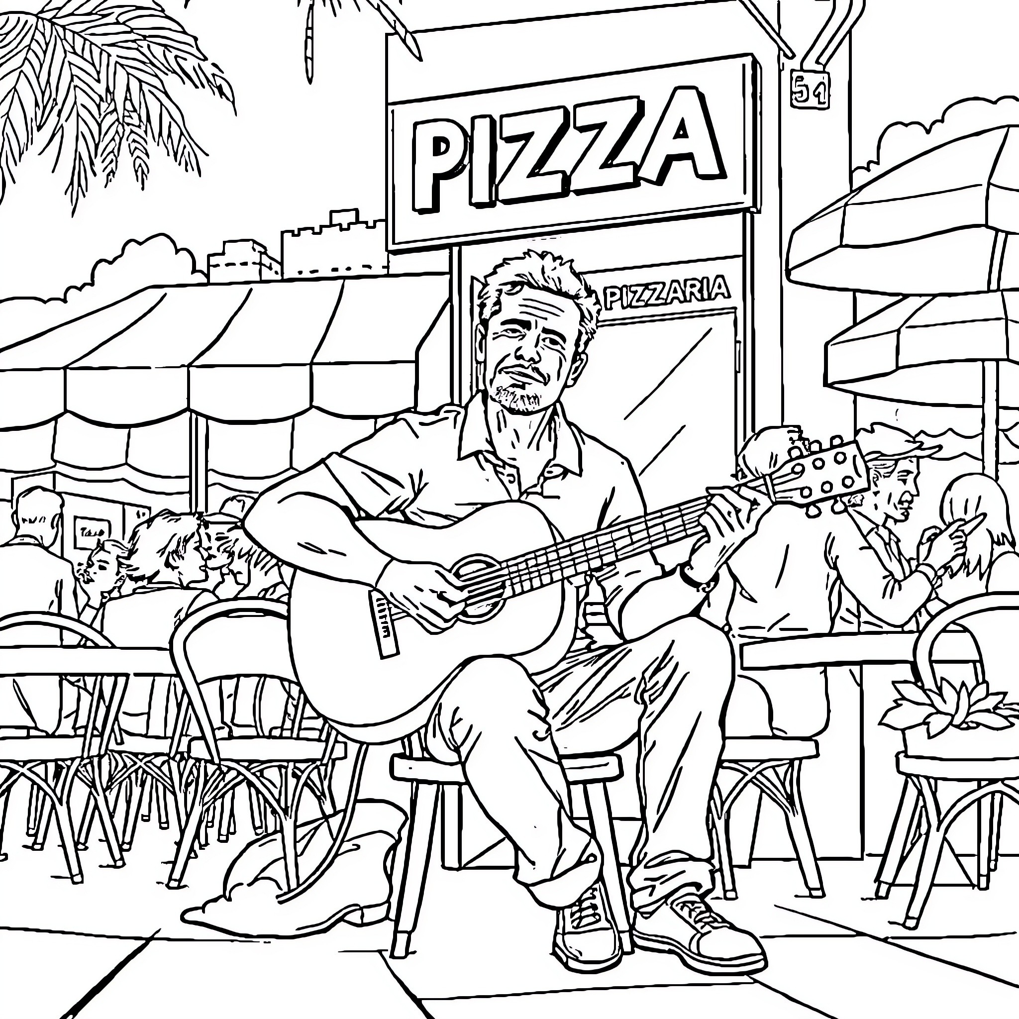 Man playing guitar in outdoor pizza restaurant Coloring Page (free black-and-white line drawing printable PDF for all, from beginners to advanced learners, including children, teens, adults, and seniors)