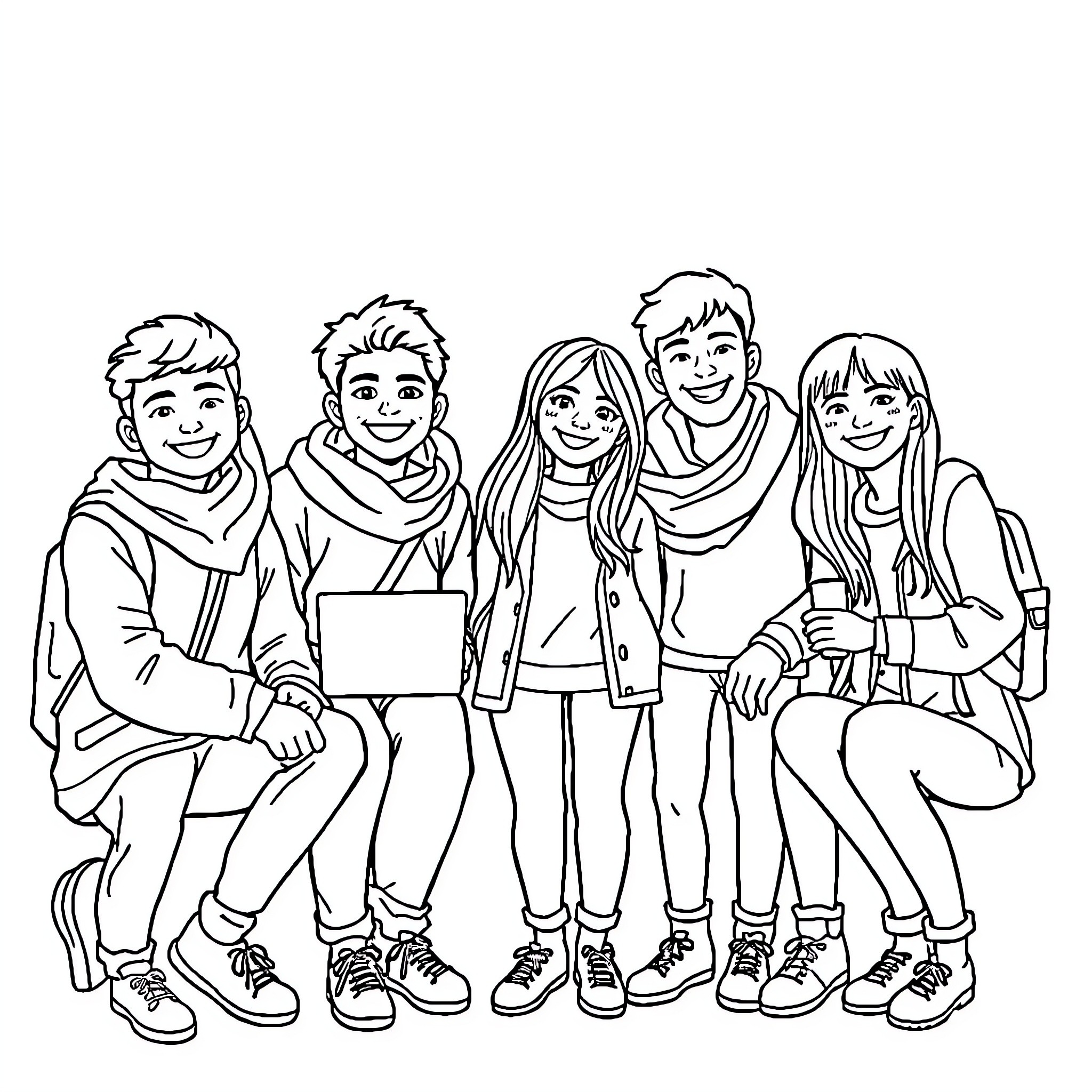 Erasmus group of students posing happily together Coloring Page (free black-and-white line drawing printable PDF for all, from beginners to advanced learners, including children, teens, adults, and seniors)