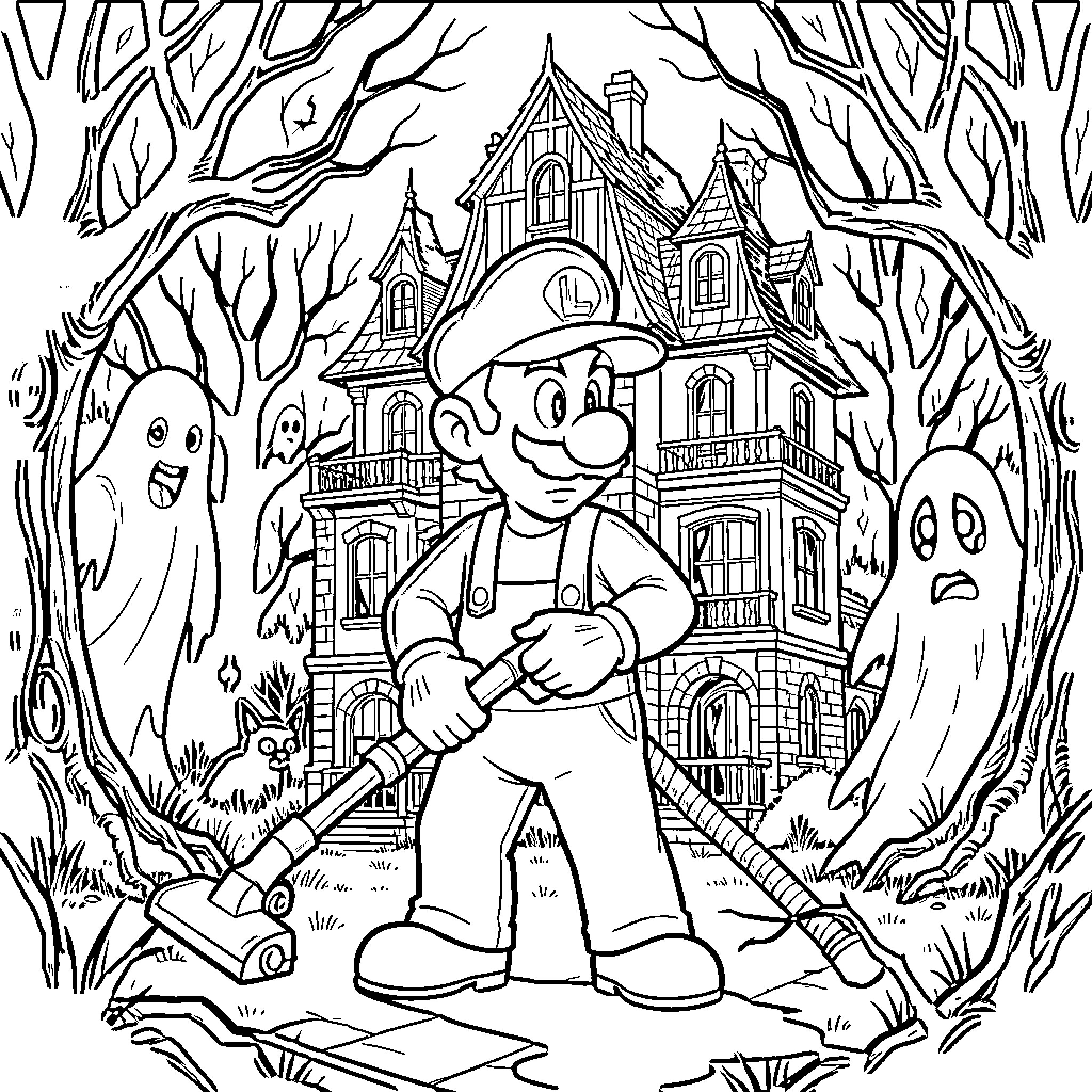Luigi vacuuming ghosts in front of a spooky mansion Coloring Page (free black-and-white line drawing printable PDF for all, from beginners to advanced learners, including children, teens, adults, and seniors)