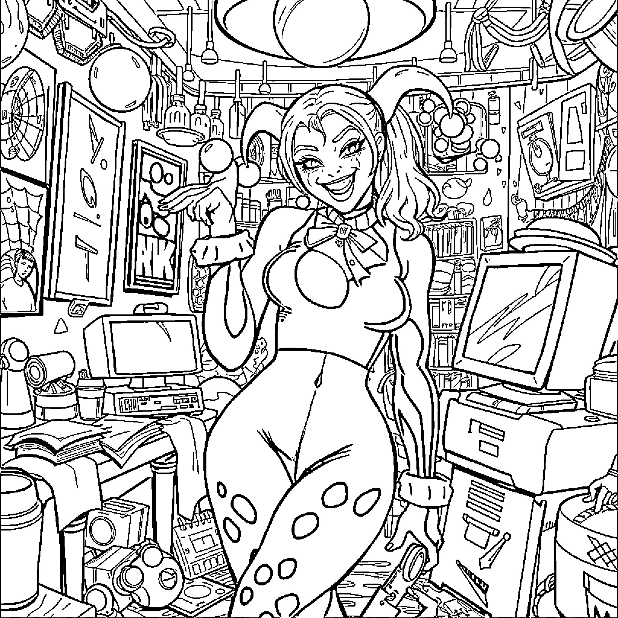 Harley Quinn's Chaotic Workshop Coloring Page (free black-and-white line drawing printable PDF for all, from beginners to advanced learners, including children, teens, adults, and seniors)