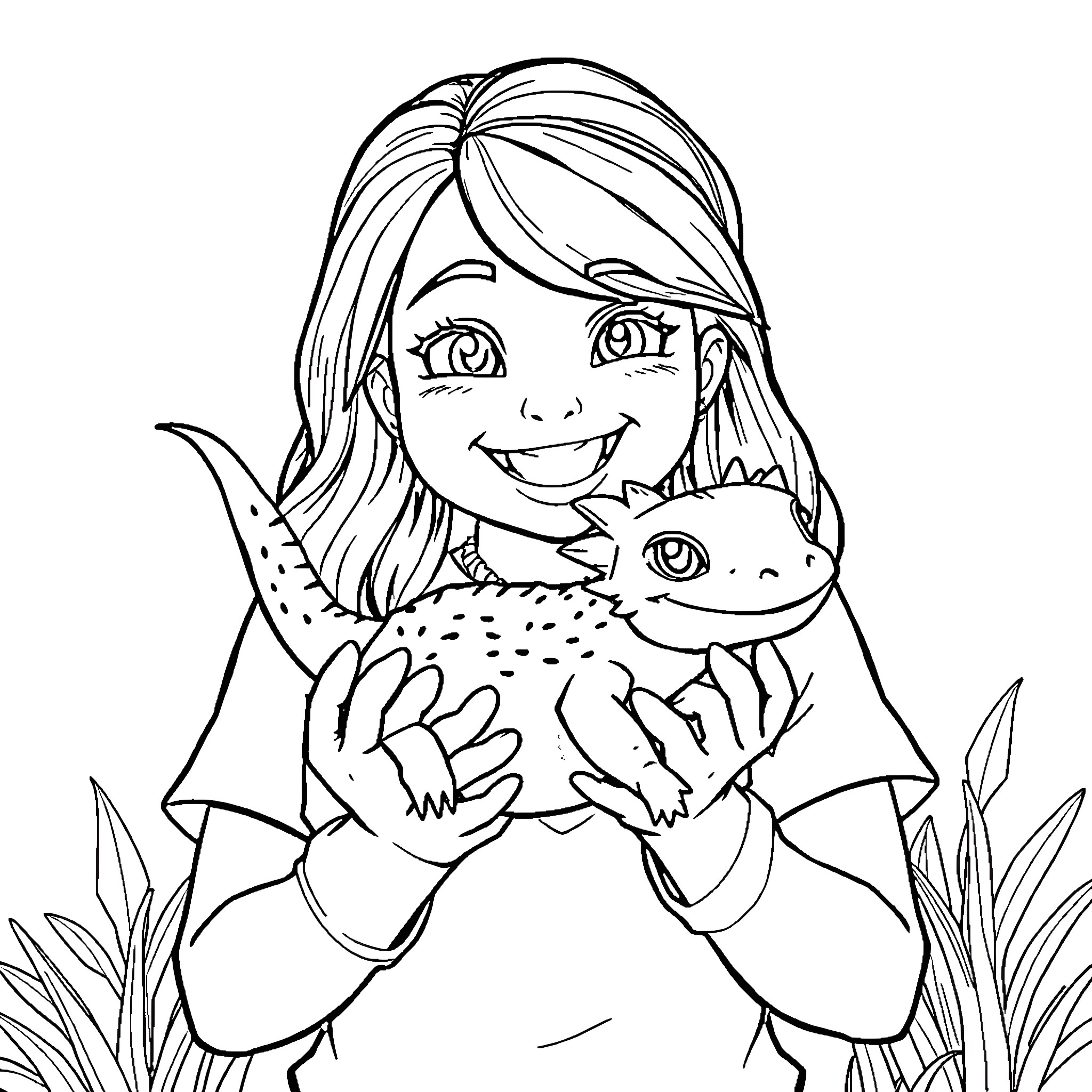 Axolotl and smiling girl in a natural setting Coloring Page (free black-and-white line drawing printable PDF for all, from beginners to advanced learners, including children, teens, adults, and seniors)