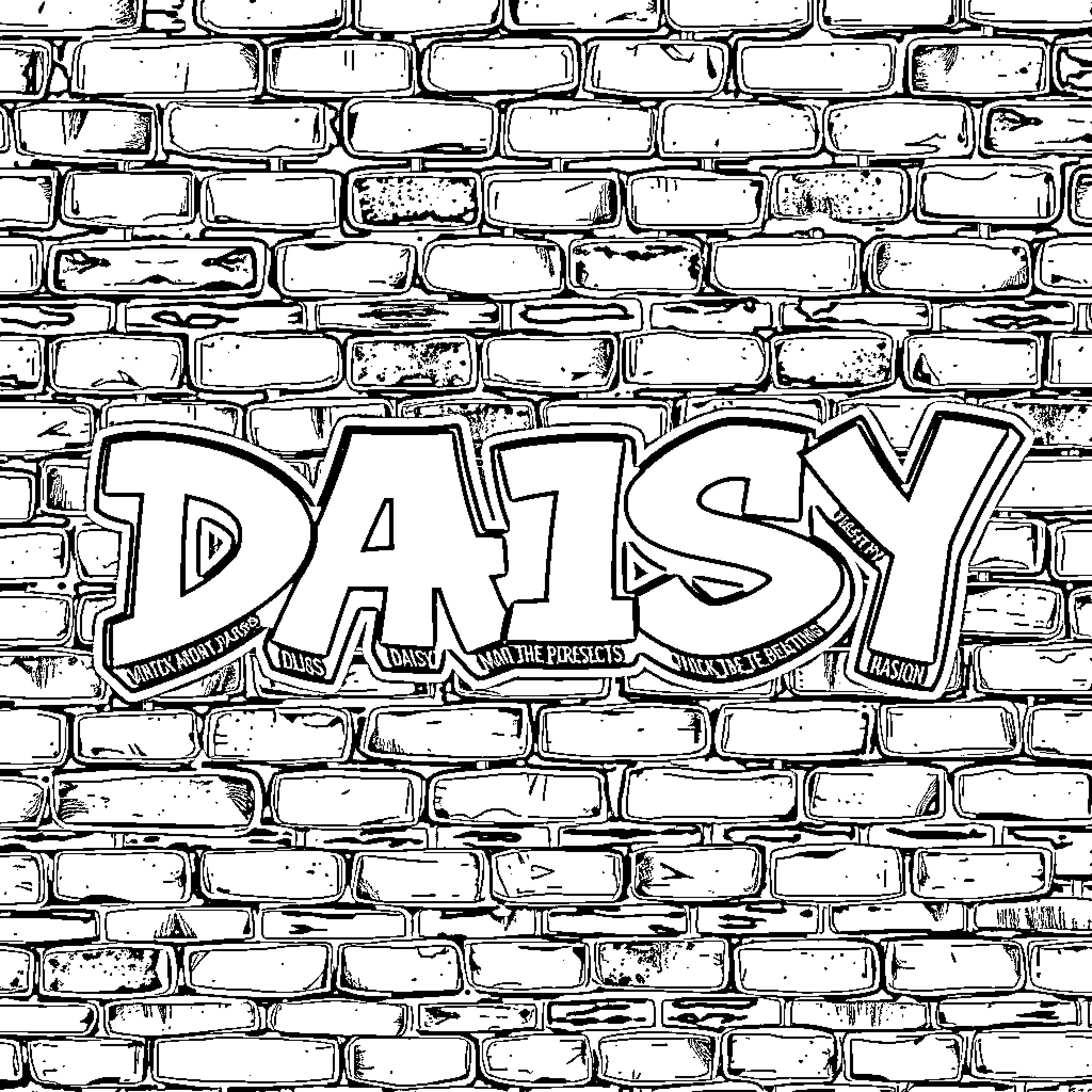 Daisy graffiti on a brick wall Coloring Page (free black-and-white line drawing printable PDF for all, from beginners to advanced learners, including children, teens, adults, and seniors)