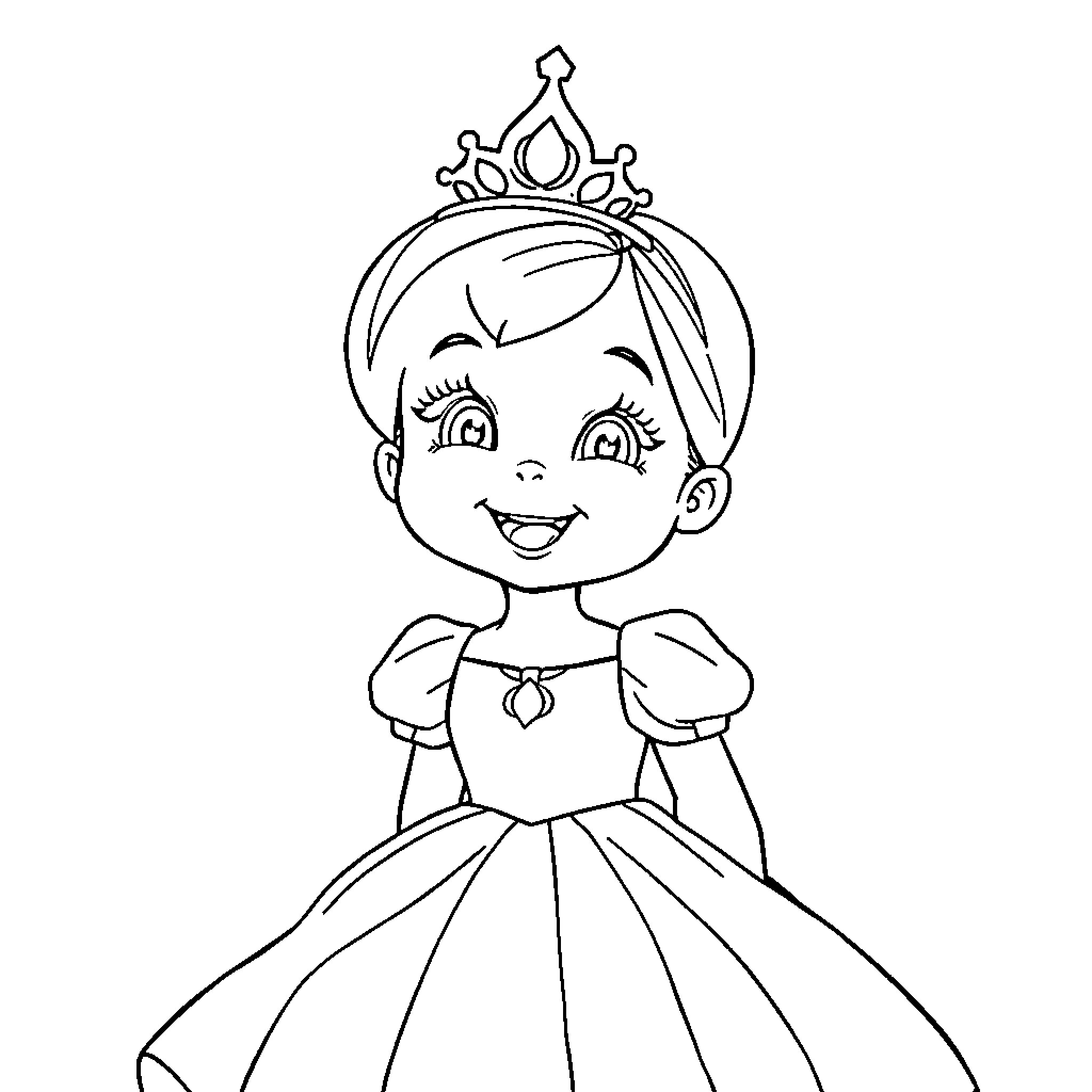 Baby Princess in Fancy Dress Coloring Page (free black-and-white line drawing printable PDF for all, from beginners to advanced learners, including children, teens, adults, and seniors)