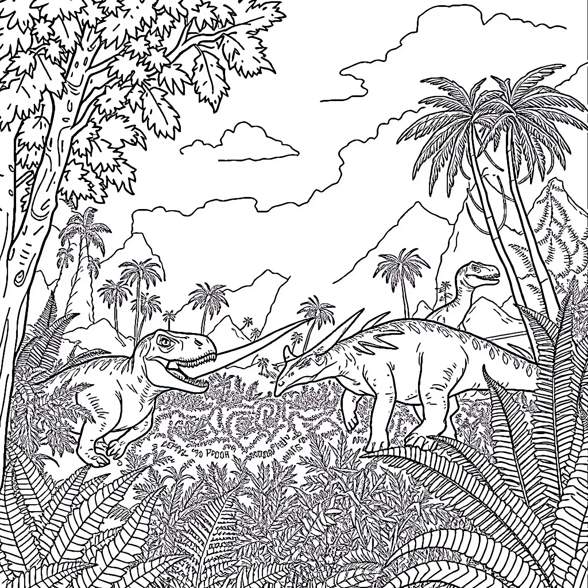 Dinosaurs roaming in lush prehistoric landscape Coloring Page (free black-and-white line drawing printable PDF for all, from beginners to advanced learners, including children, teens, adults, and seniors)