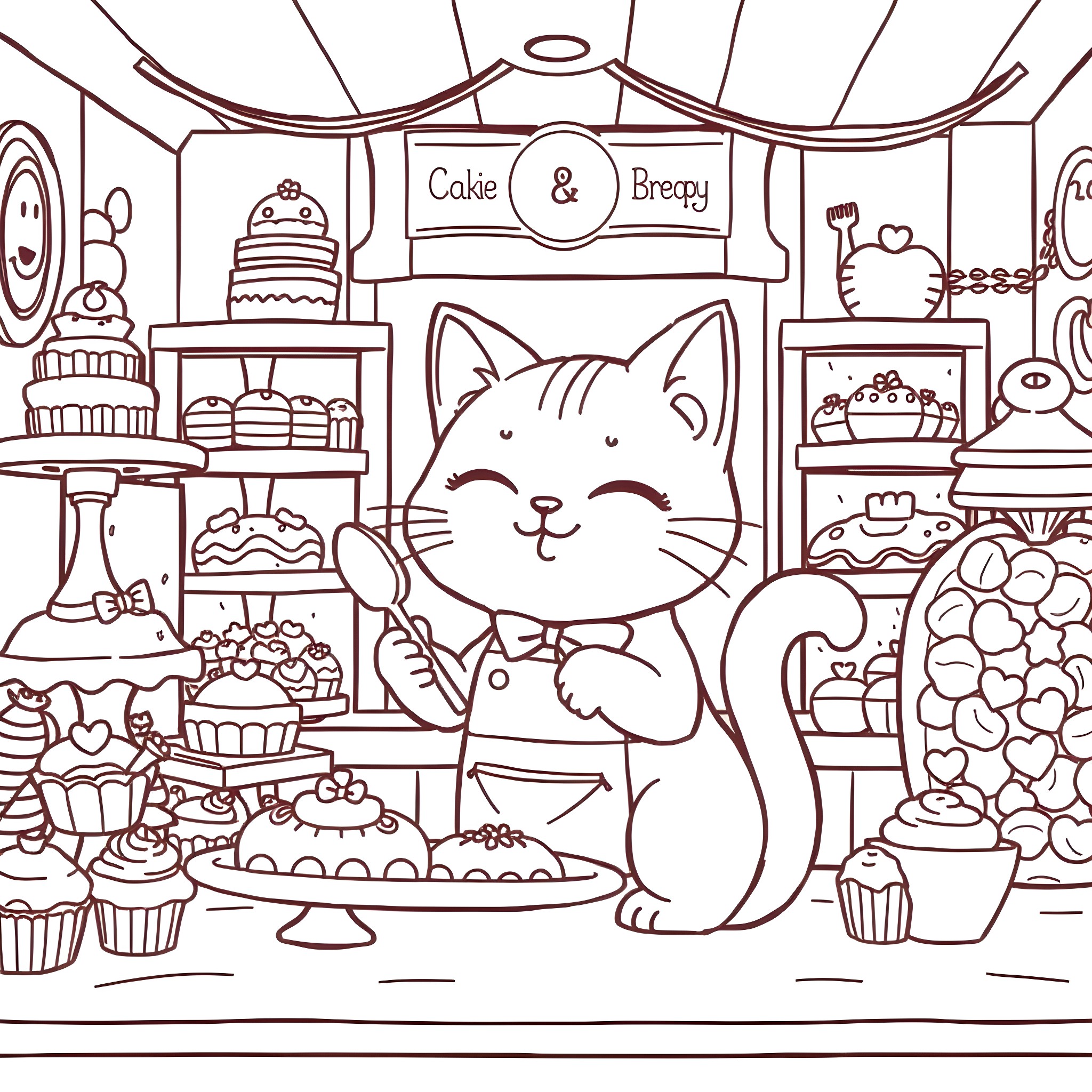 Chococat enjoying the baked goods in the bakeshop Coloring Page (free black-and-white line drawing printable PDF for all, from beginners to advanced learners, including children, teens, adults, and seniors)