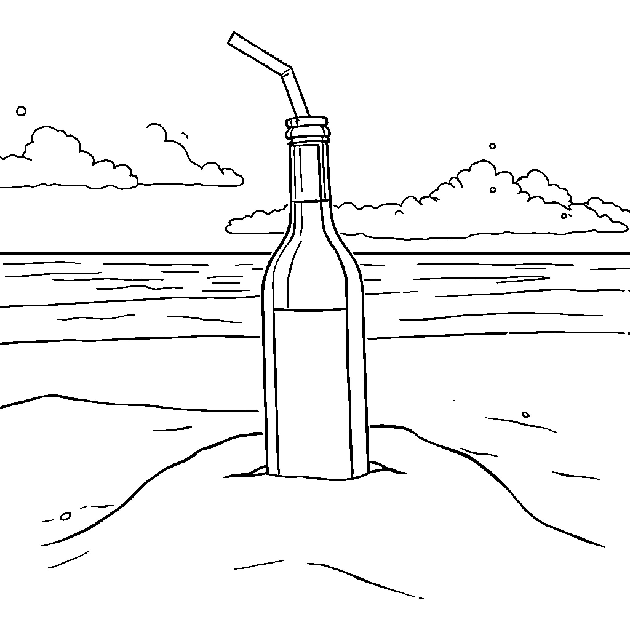 Wine bottle enjoying a scenic view Coloring Page (free black-and-white line drawing printable PDF for all, from beginners to advanced learners, including children, teens, adults, and seniors)