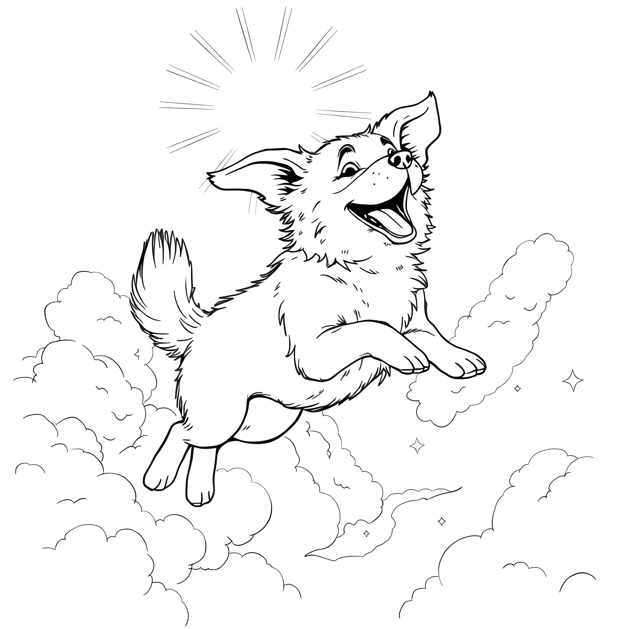 Flying Dog Soaring Through Clouds with Joy Coloring Page (free black-and-white line drawing printable PDF for all, from beginners to advanced learners, including children, teens, adults, and seniors)