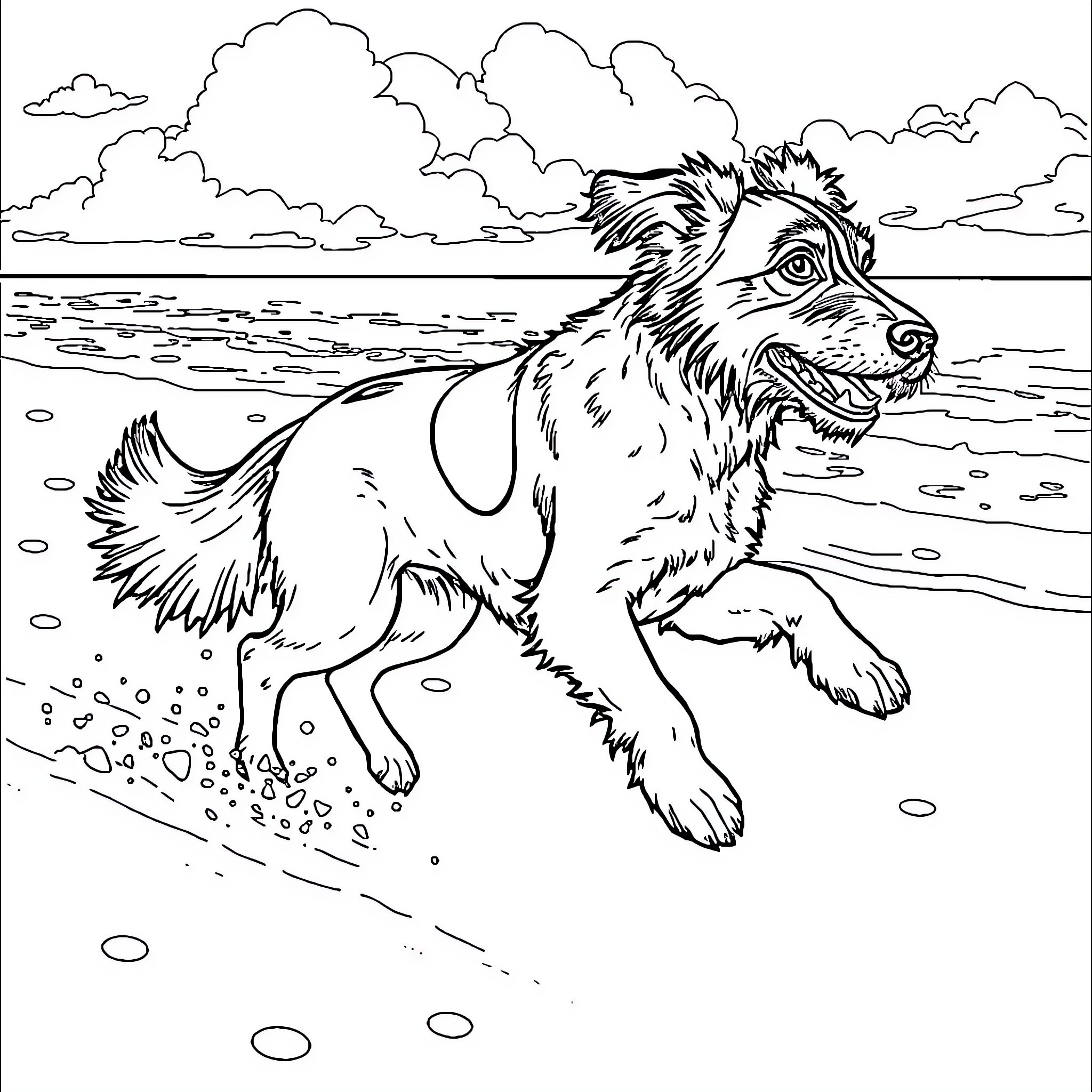 Perro playing joyfully on the beach Coloring Page (free black-and-white line drawing printable PDF for all, from beginners to advanced learners, including children, teens, adults, and seniors)