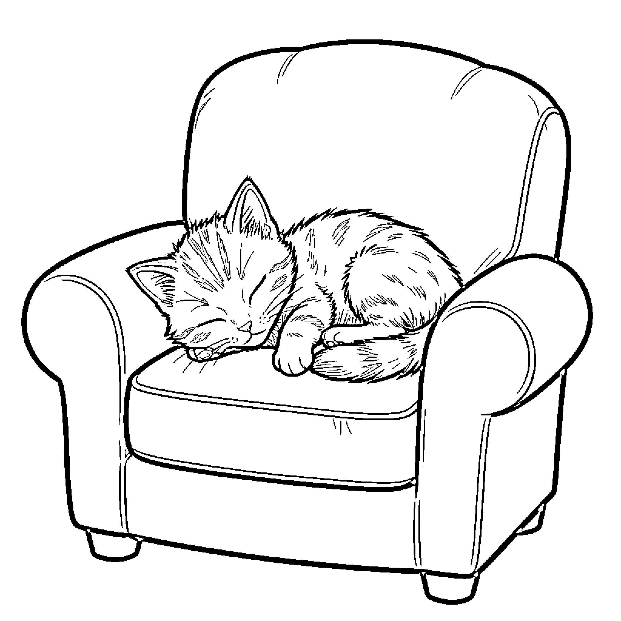 Kitten sleeping peacefully in a cozy armchair Coloring Page (free black-and-white line drawing printable PDF for all, from beginners to advanced learners, including children, teens, adults, and seniors)
