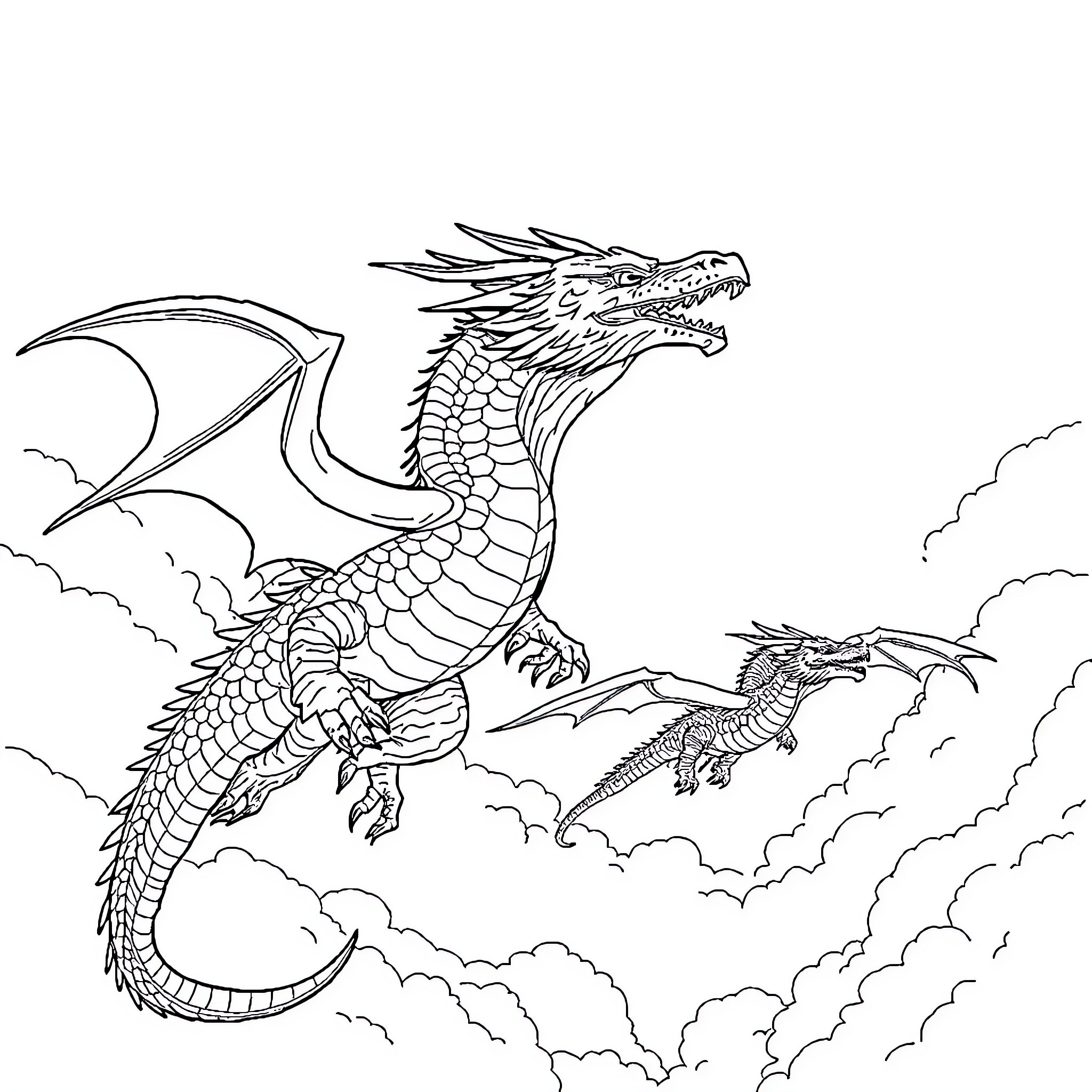 Dragons soaring through the cloudy skies Coloring Page (free black-and-white line drawing printable PDF for all, from beginners to advanced learners, including children, teens, adults, and seniors)