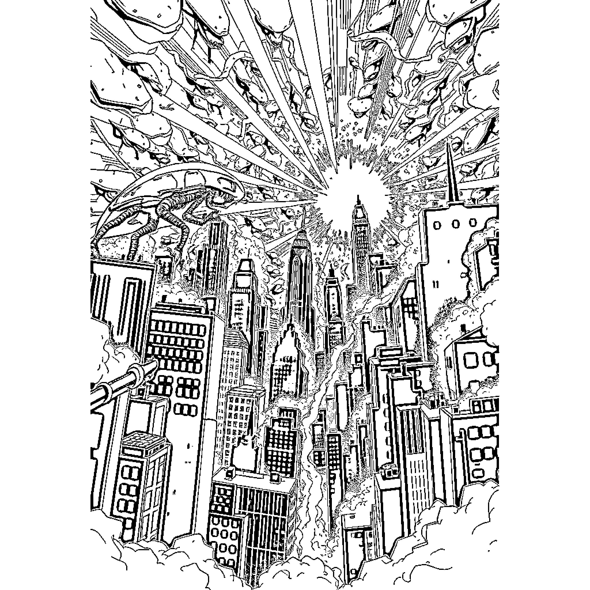 City of energetic urban life Coloring Page (free black-and-white line drawing printable PDF for all, from beginners to advanced learners, including children, teens, adults, and seniors)