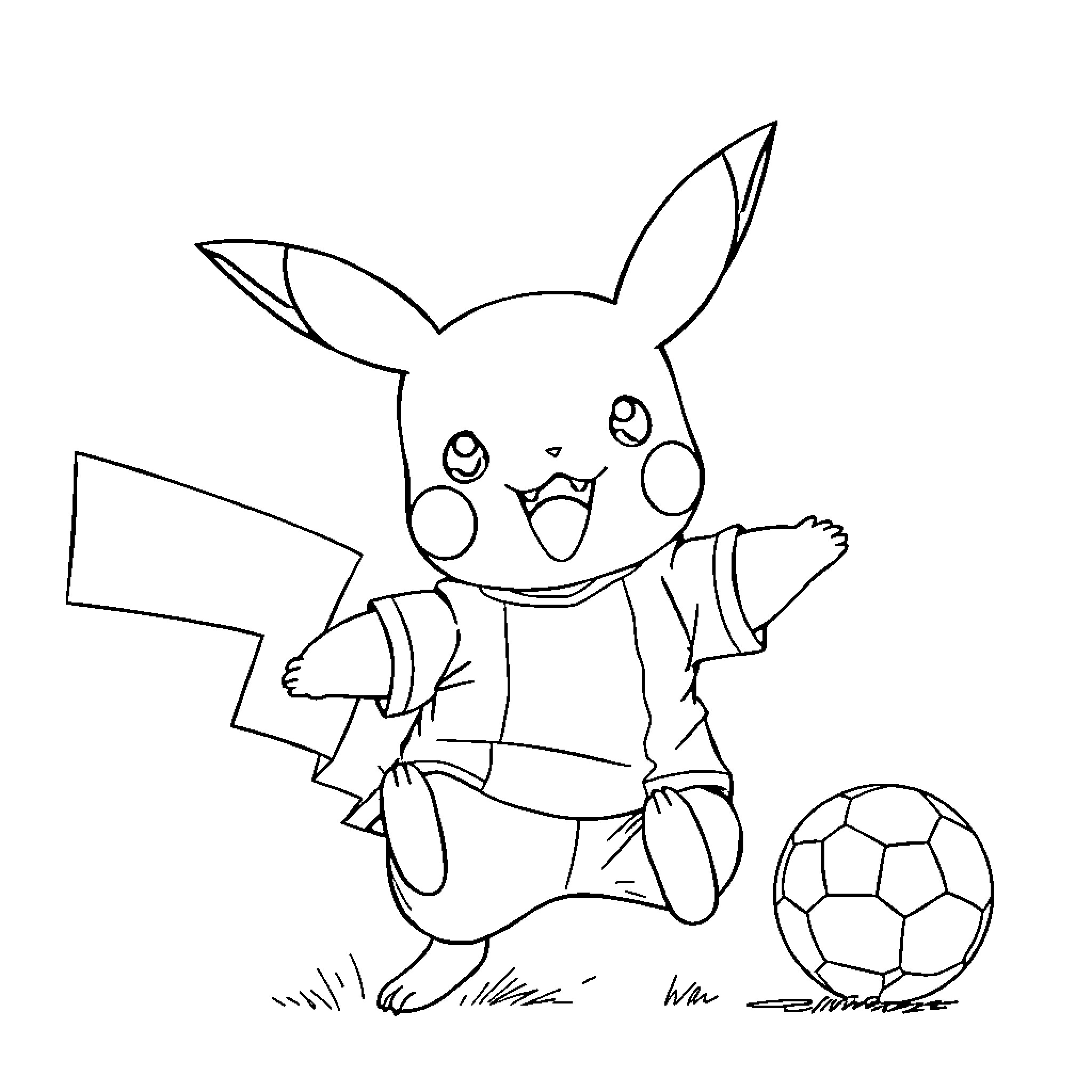 Pikachu playing with a soccer ball Coloring Page (free black-and-white line drawing printable PDF for all, from beginners to advanced learners, including children, teens, adults, and seniors)