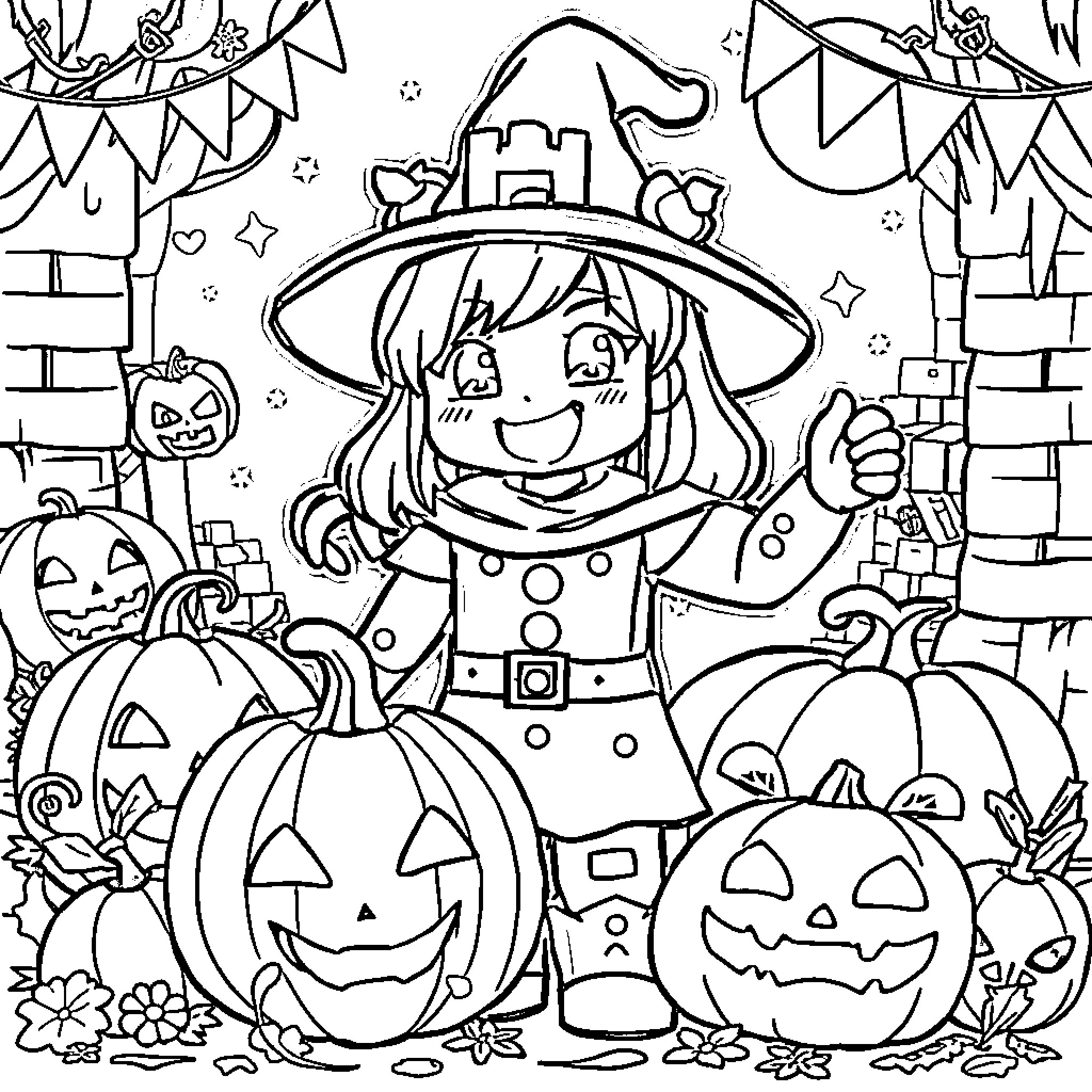 Alex's Festive Halloween Adventure Coloring Page (free black-and-white line drawing printable PDF for all, from beginners to advanced learners, including children, teens, adults, and seniors)