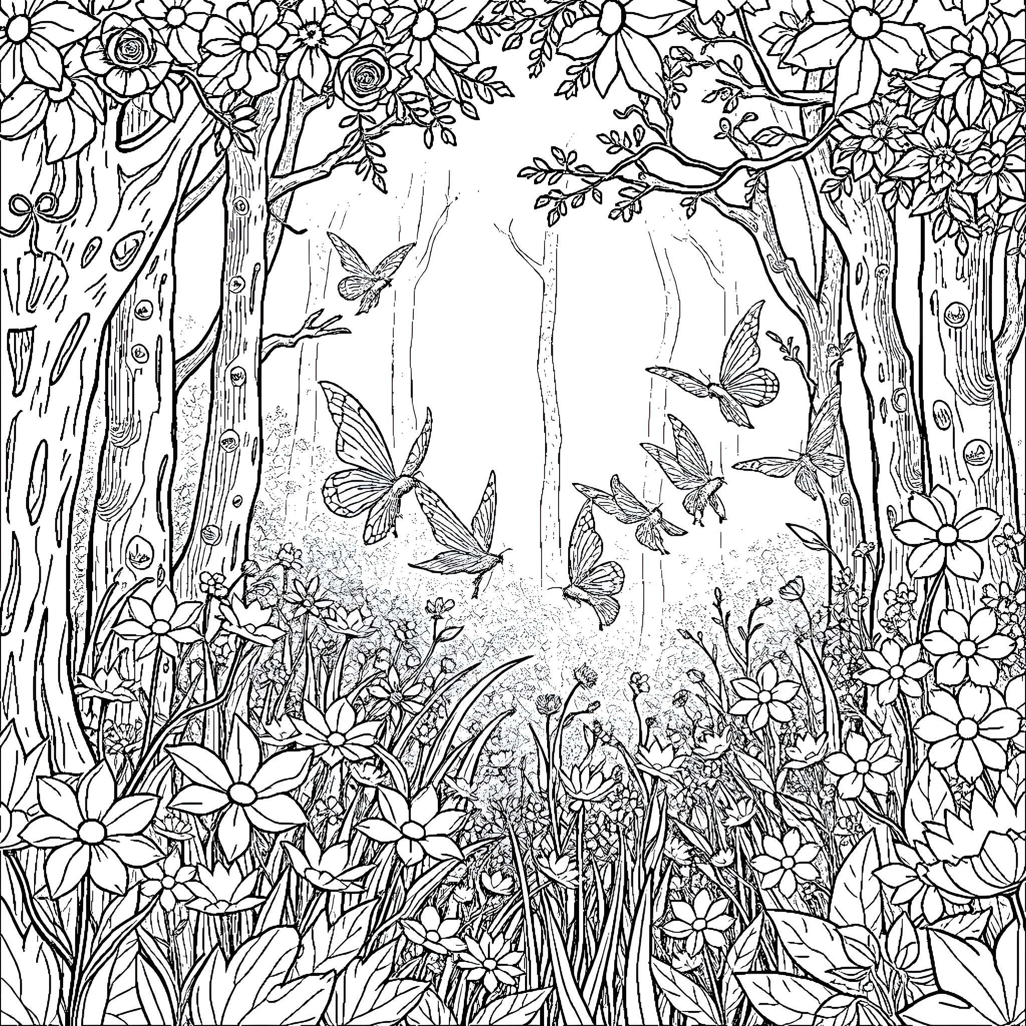 Fairy Woodland with Enchanting Flowers and Butterflies Coloring Page (free black-and-white line drawing printable PDF for all, from beginners to advanced learners, including children, teens, adults, and seniors)