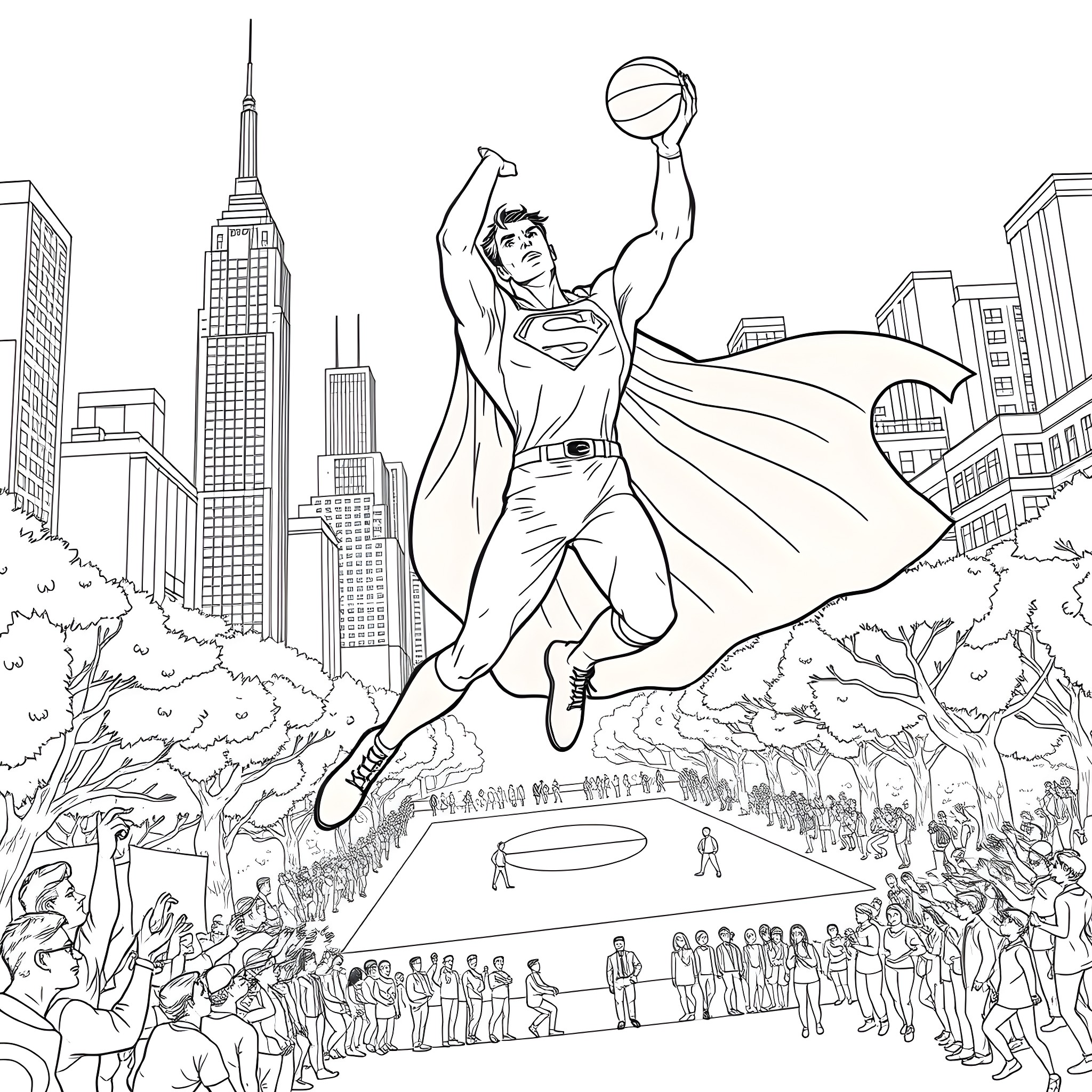 Superman Soaring Above the Cityscape, Basketball in Hand Coloring Page (free black-and-white line drawing printable PDF for all, from beginners to advanced learners, including children, teens, adults, and seniors)