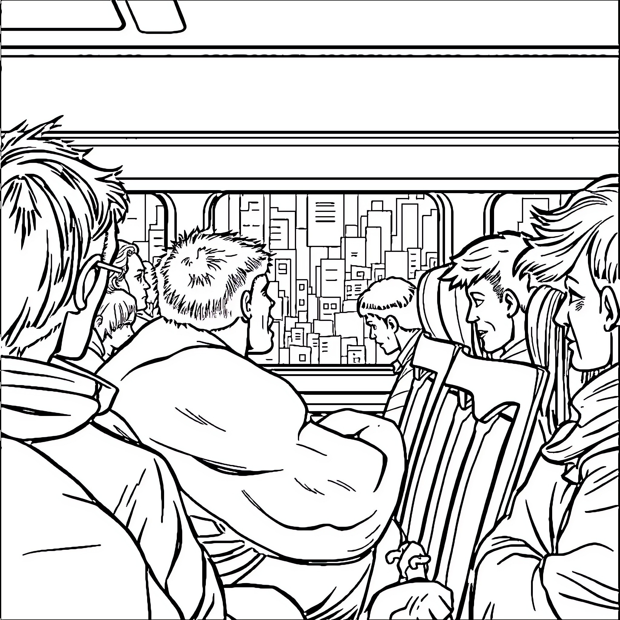 Hulk in action with friends amidst urban backdrop Coloring Page (free black-and-white line drawing printable PDF for all, from beginners to advanced learners, including children, teens, adults, and seniors)