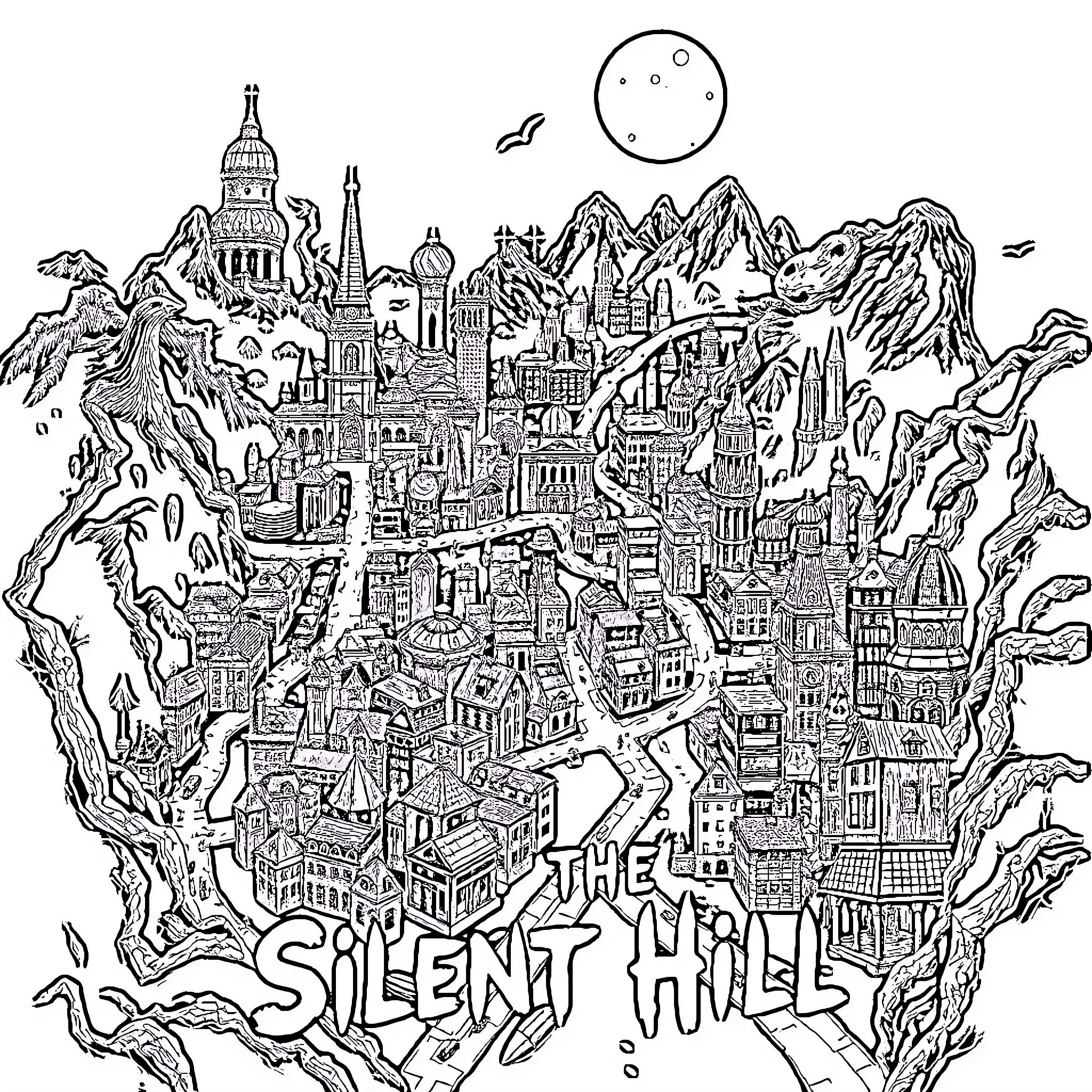 Map of the Fantastical Silent Hill Coloring Page (free black-and-white line drawing printable PDF for all, from beginners to advanced learners, including children, teens, adults, and seniors)