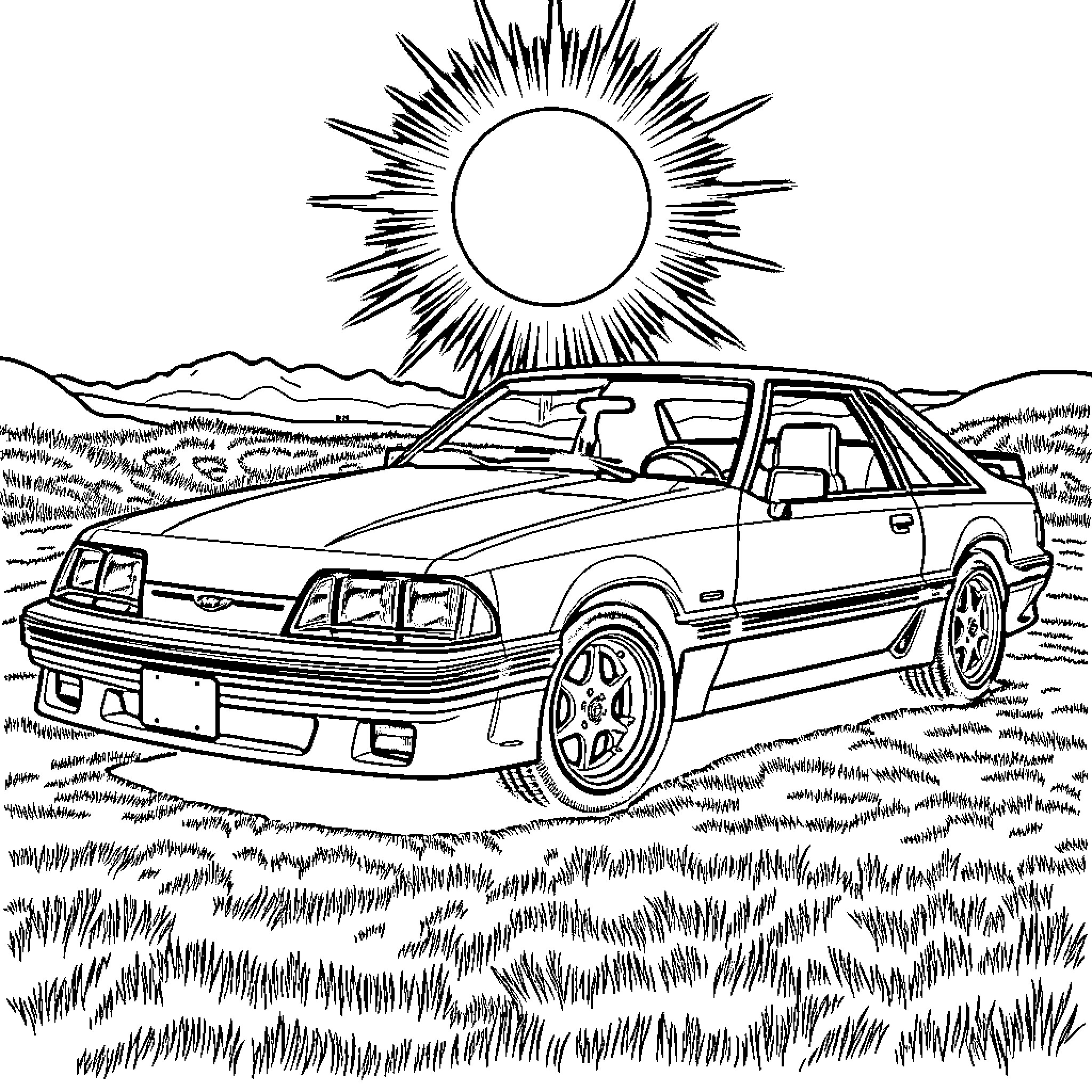 Mustang sports car in a desert landscape Coloring Page (free black-and-white line drawing printable PDF for all, from beginners to advanced learners, including children, teens, adults, and seniors)