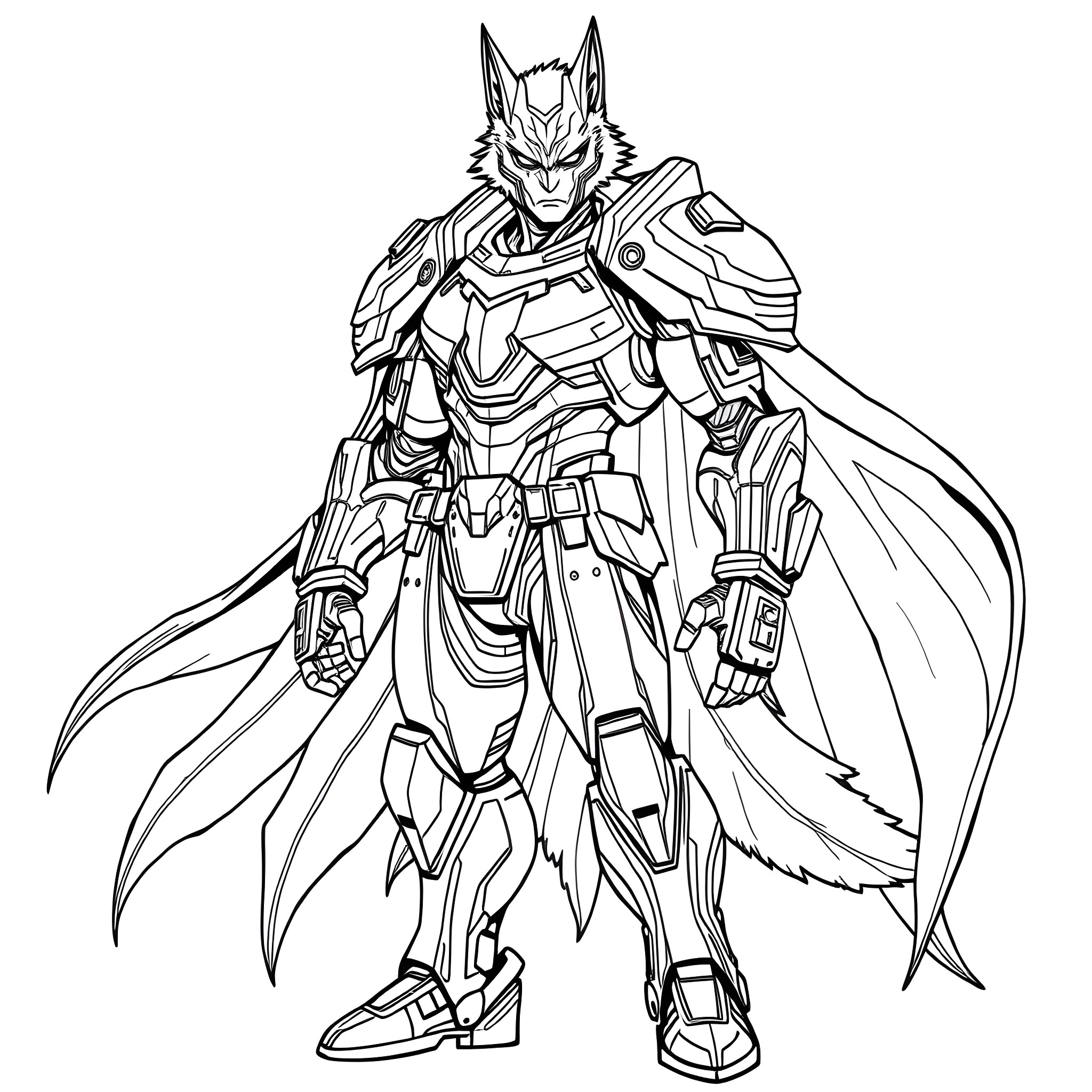 Superhero in Futuristic Armored Suit with Flowing Cape Coloring Page (free black-and-white line drawing printable PDF for all, from beginners to advanced learners, including children, teens, adults, and seniors)