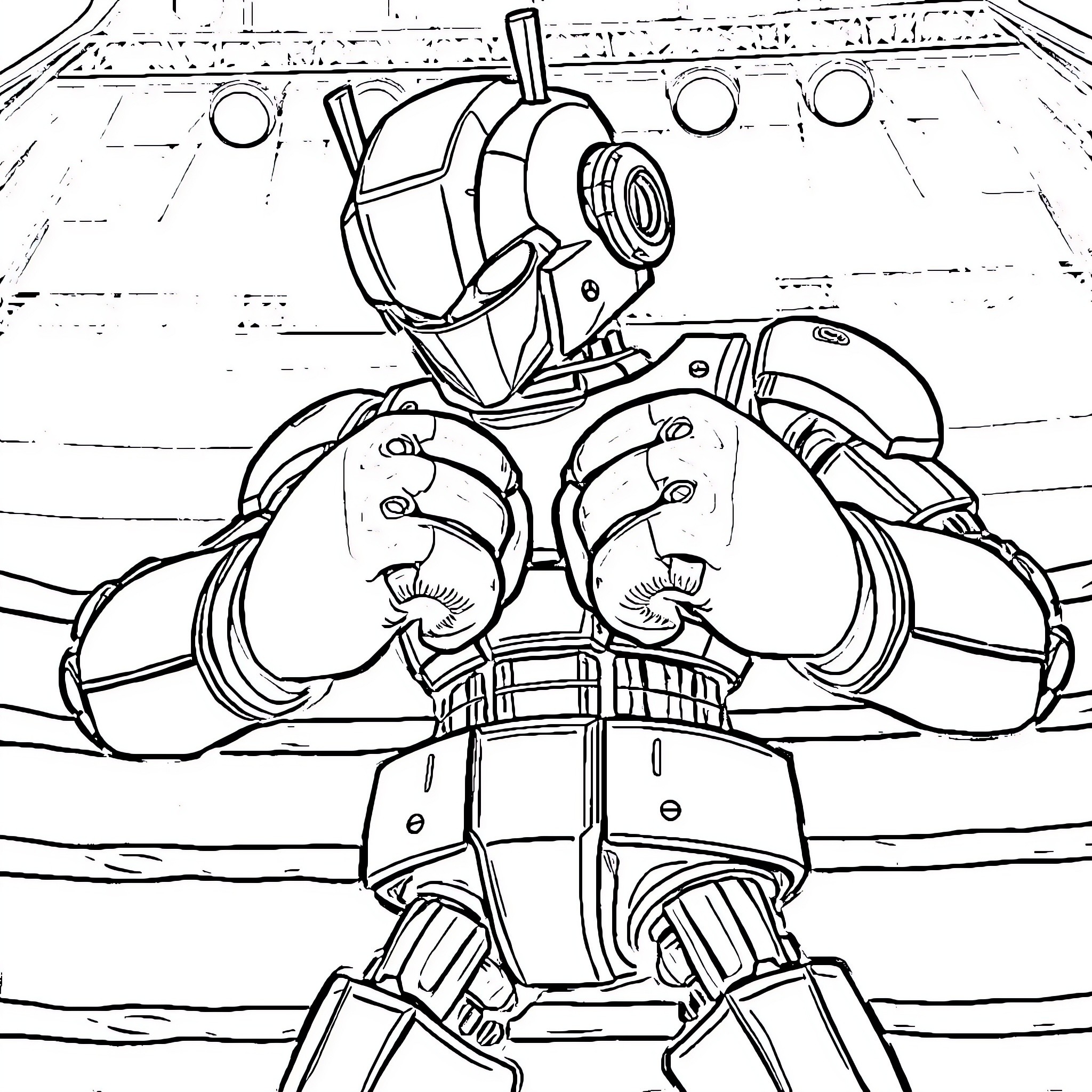 Robot in a fighting stance ready for battle Coloring Page (free black-and-white line drawing printable PDF for all, from beginners to advanced learners, including children, teens, adults, and seniors)