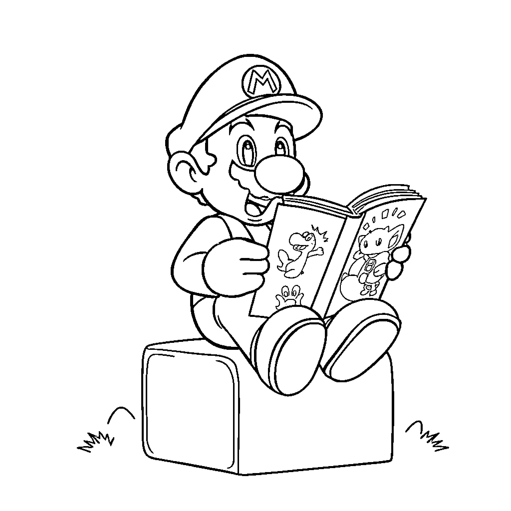 Super Mario Reading Storybook Happily Coloring Page (free black-and-white line drawing printable PDF for all, from beginners to advanced learners, including children, teens, adults, and seniors)