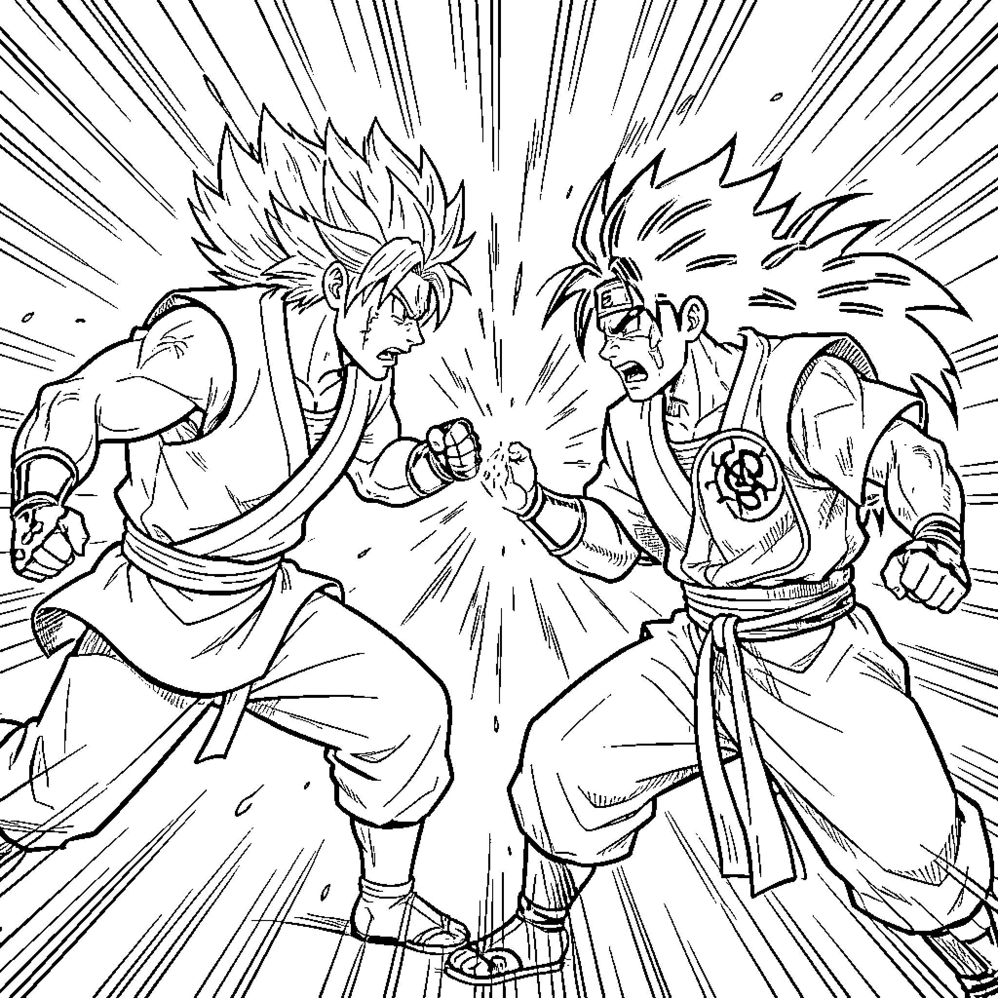 Vegeta and opponent clashing in an intense battle Coloring Page (free black-and-white line drawing printable PDF for all, from beginners to advanced learners, including children, teens, adults, and seniors)