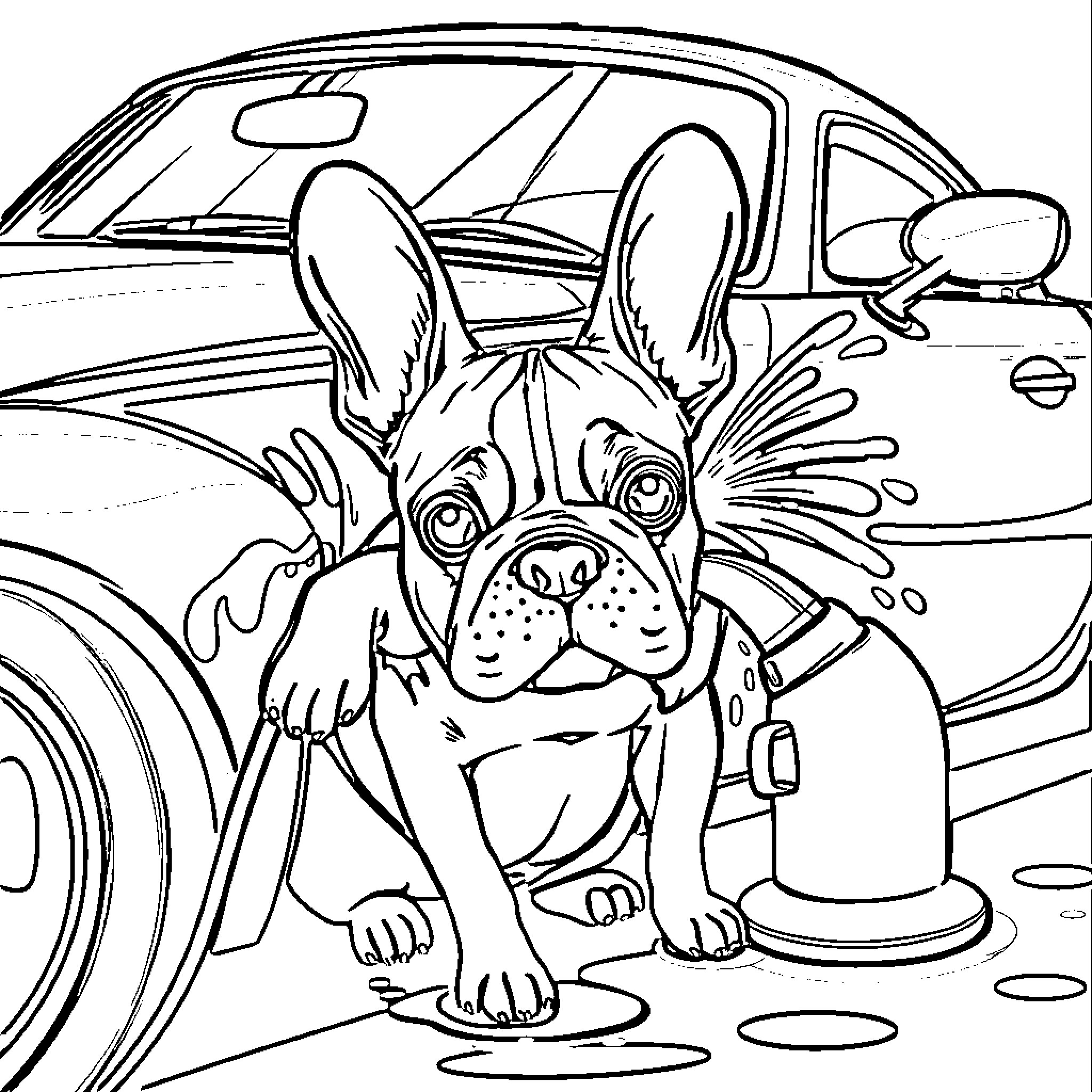 French Bulldog splashing in puddle near car Coloring Page (free black-and-white line drawing printable PDF for all, from beginners to advanced learners, including children, teens, adults, and seniors)