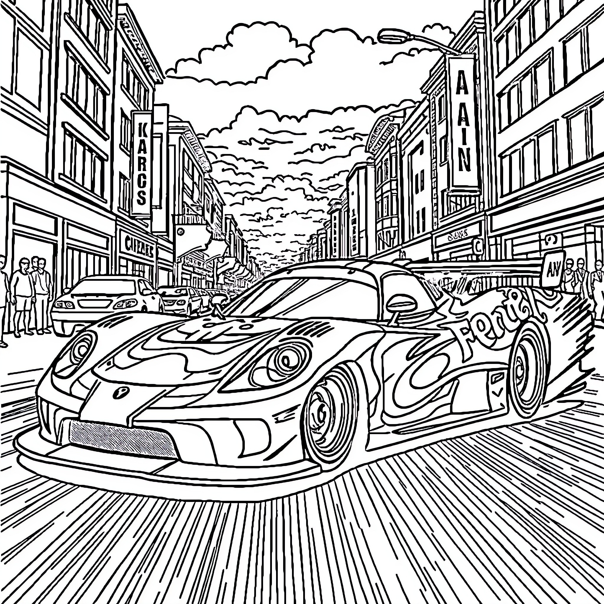 Racecar speeding through city streets Coloring Page (free black-and-white line drawing printable PDF for all, from beginners to advanced learners, including children, teens, adults, and seniors)