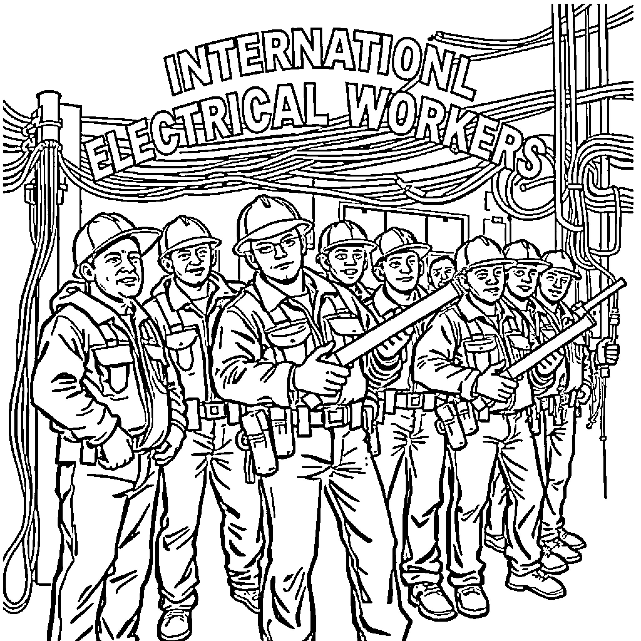 Brotherhood of International Electrical Workers in Action Coloring Page (free black-and-white line drawing printable PDF for all, from beginners to advanced learners, including children, teens, adults, and seniors)