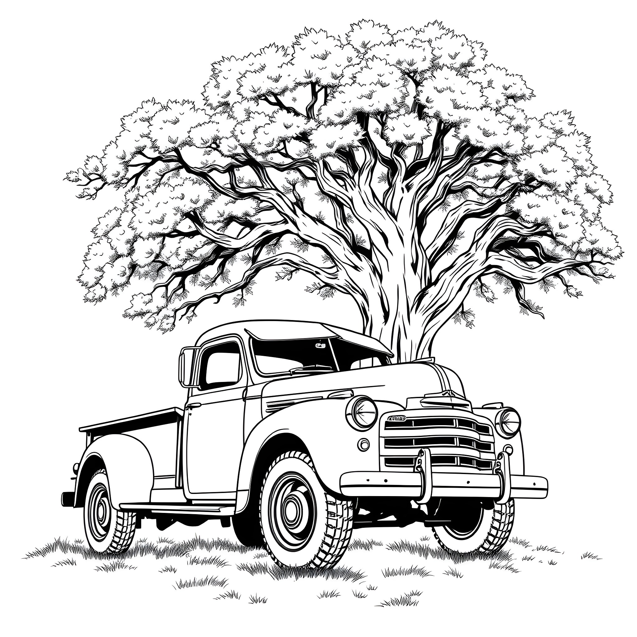 Truck parked under a majestic tree Coloring Page (free black-and-white line drawing printable PDF for all, from beginners to advanced learners, including children, teens, adults, and seniors)