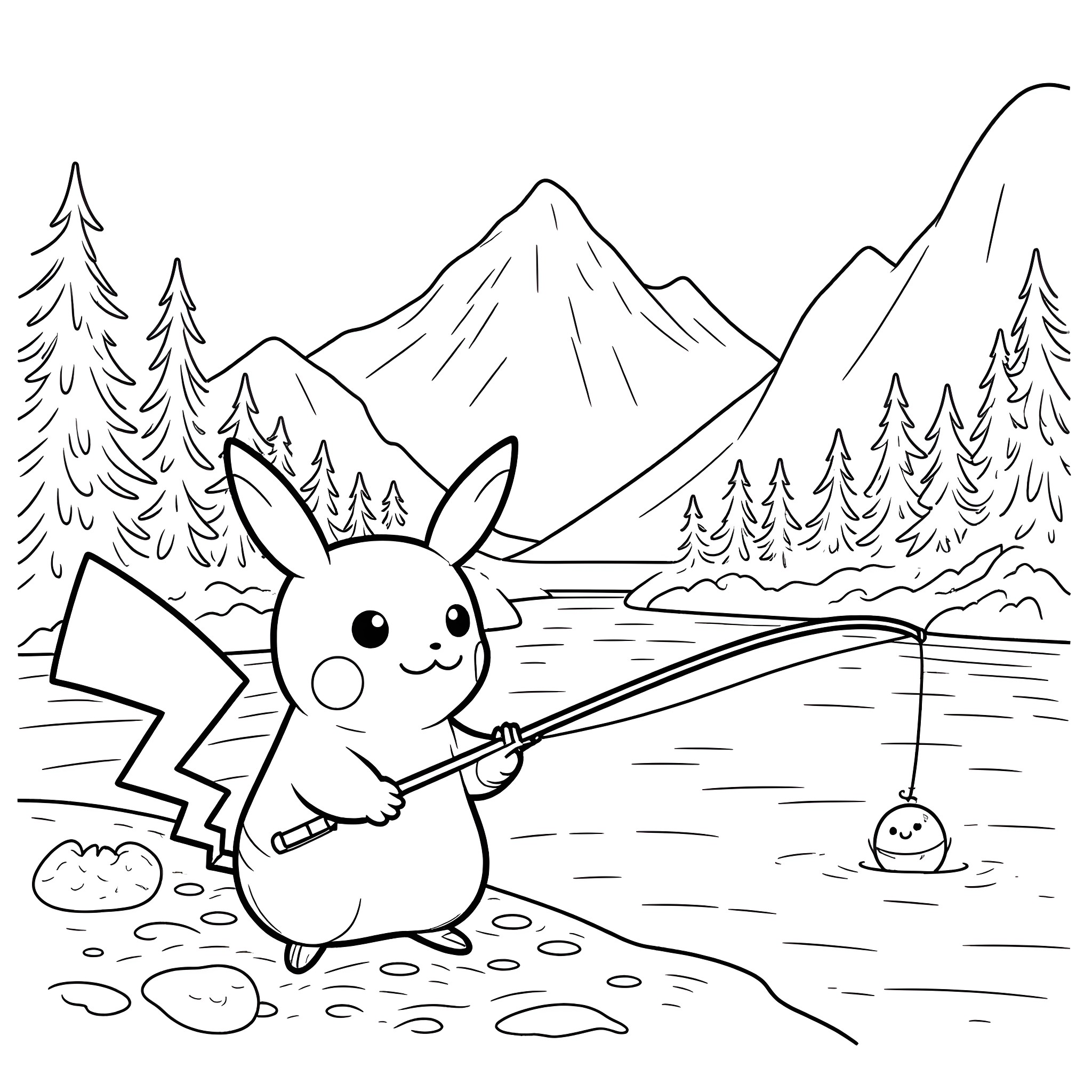 Pikachu fishing in a scenic mountain landscape Coloring Page (free black-and-white line drawing printable PDF for all, from beginners to advanced learners, including children, teens, adults, and seniors)
