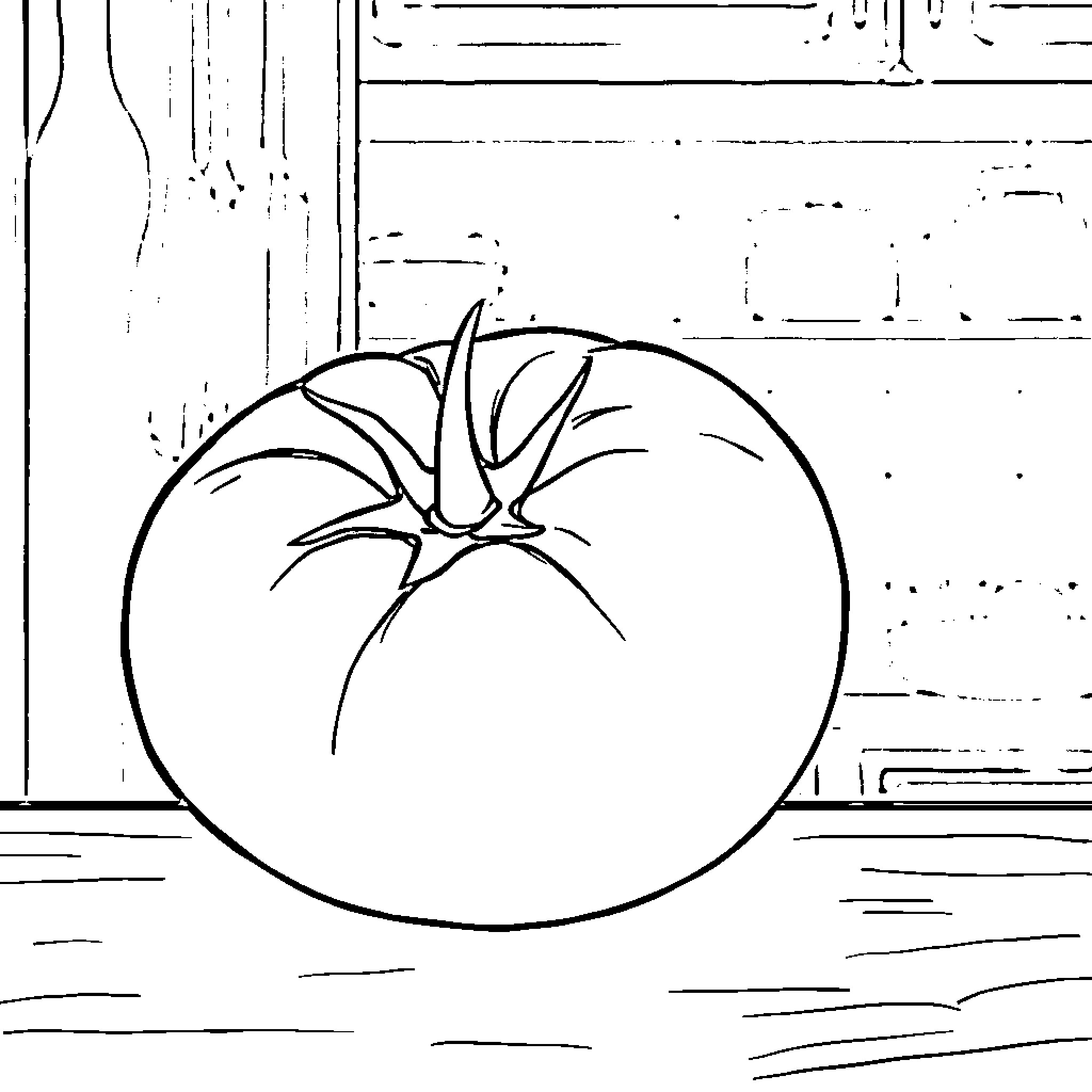 Tomato on a rustic wooden surface Coloring Page (free black-and-white line drawing printable PDF for all, from beginners to advanced learners, including children, teens, adults, and seniors)