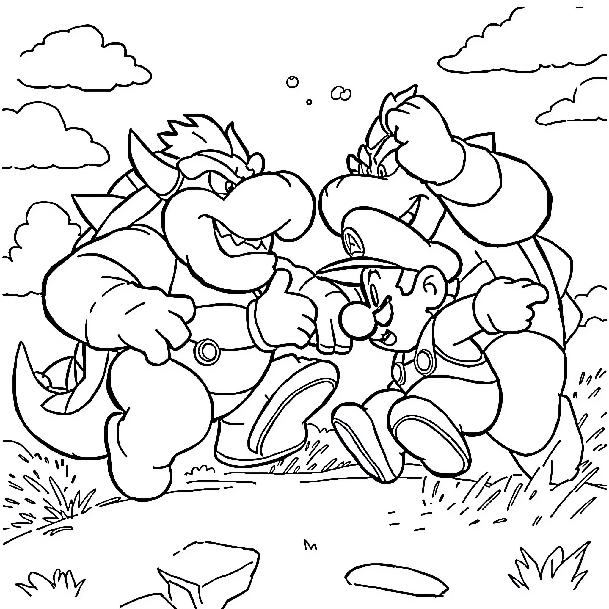 Mario and friends in an outdoor adventure Coloring Page (free black-and-white line drawing printable PDF for all, from beginners to advanced learners, including children, teens, adults, and seniors)