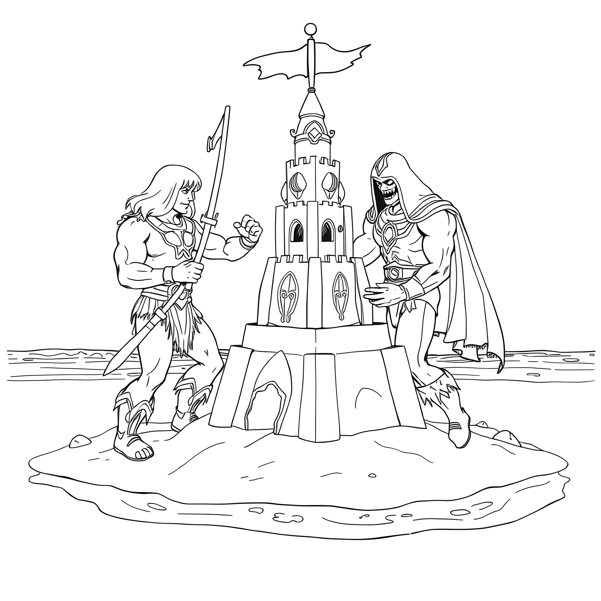 He-Man battles villains near a castle Coloring Page (free black-and-white line drawing printable PDF for all, from beginners to advanced learners, including children, teens, adults, and seniors)