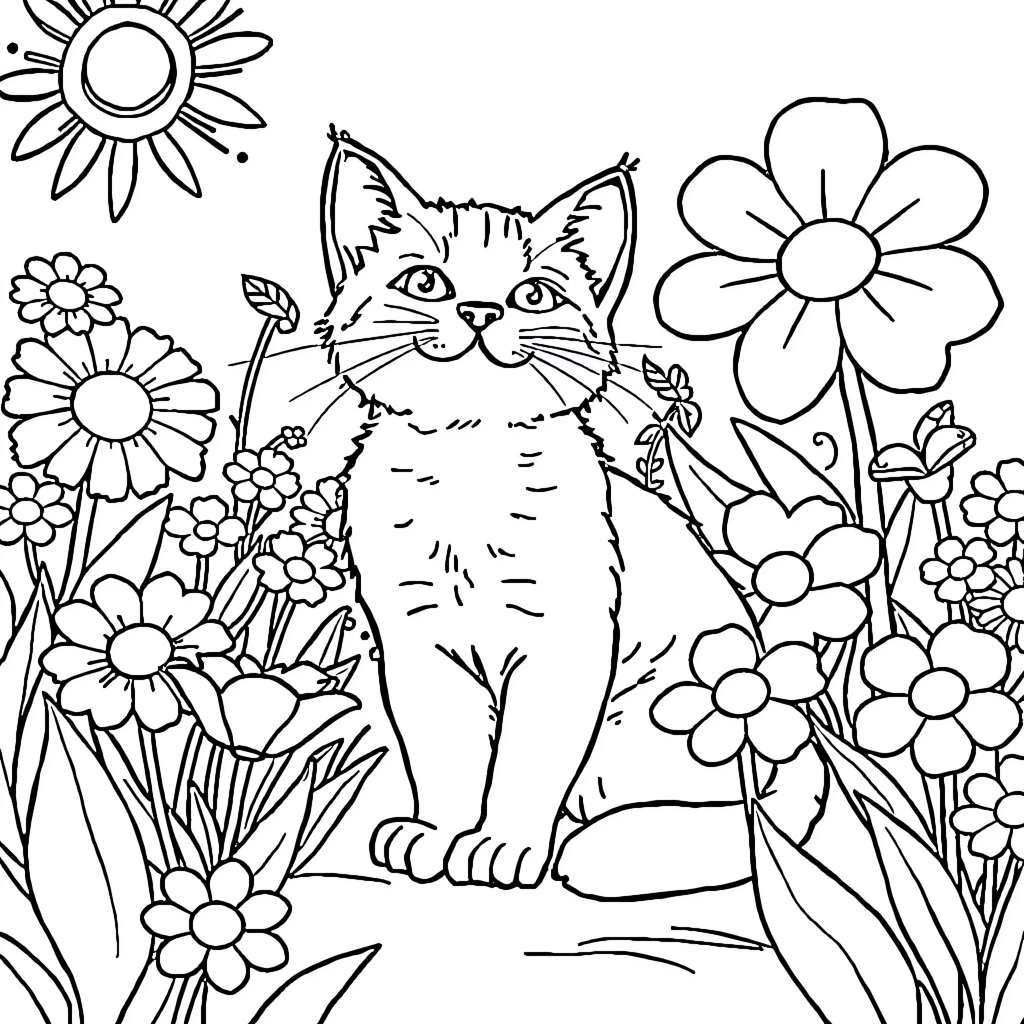 Cat among the flowers Coloring Page (free black-and-white line drawing printable PDF for all, from beginners to advanced learners, including children, teens, adults, and seniors)
