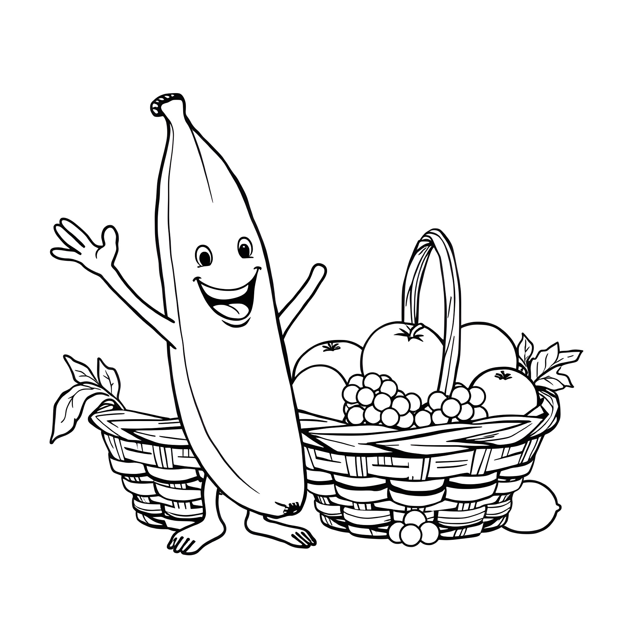 Banana and friends in a basket of fruit Coloring Page (free black-and-white line drawing printable PDF for all, from beginners to advanced learners, including children, teens, adults, and seniors)