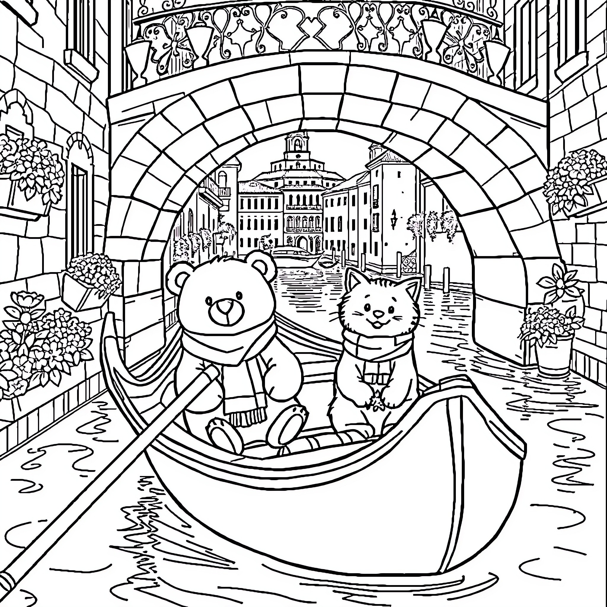 Bear and cat enjoying a gondola ride through a scenic canal Coloring Page (free black-and-white line drawing printable PDF for all, from beginners to advanced learners, including children, teens, adults, and seniors)