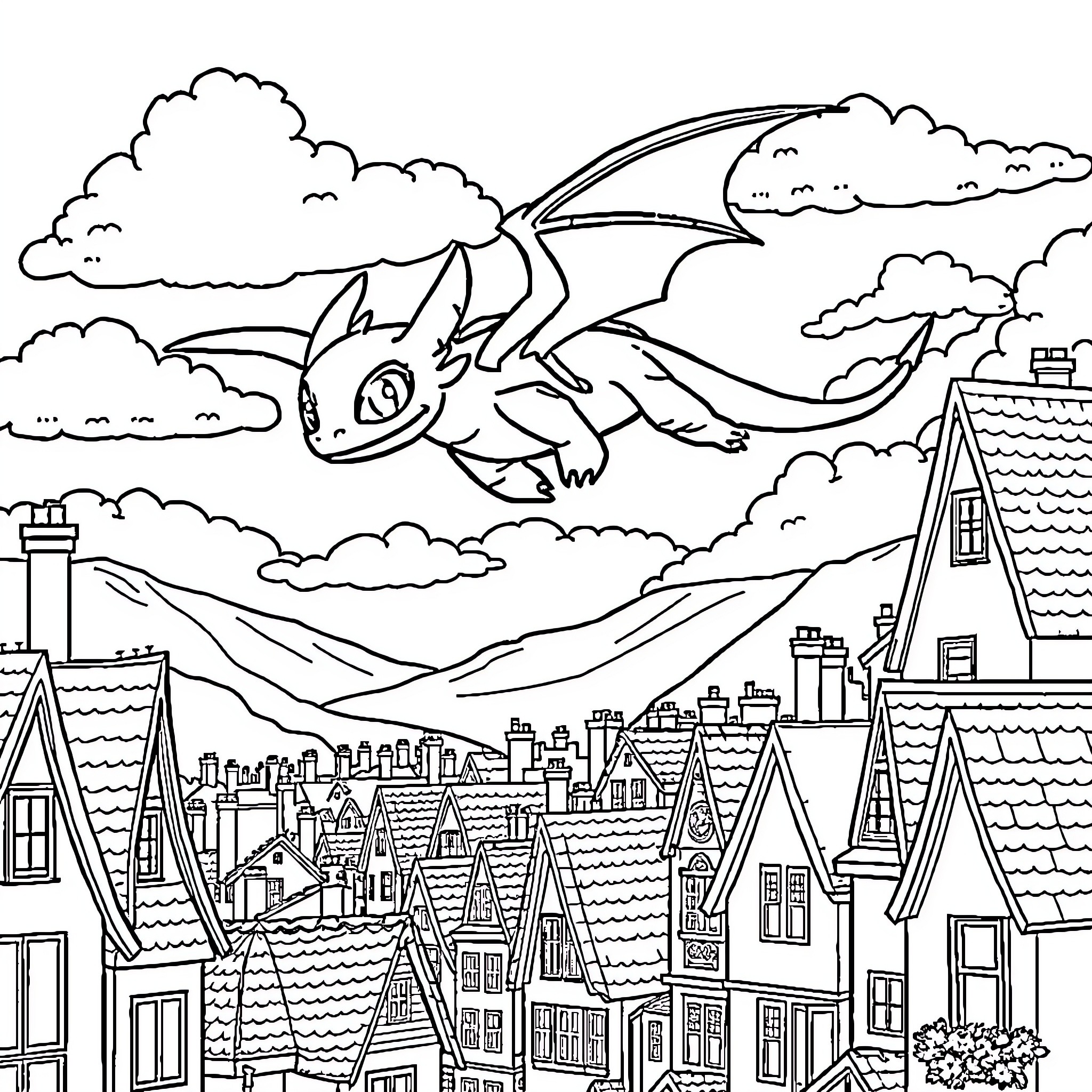 Toothless dragon soaring over a city skyline Coloring Page (free black-and-white line drawing printable PDF for all, from beginners to advanced learners, including children, teens, adults, and seniors)