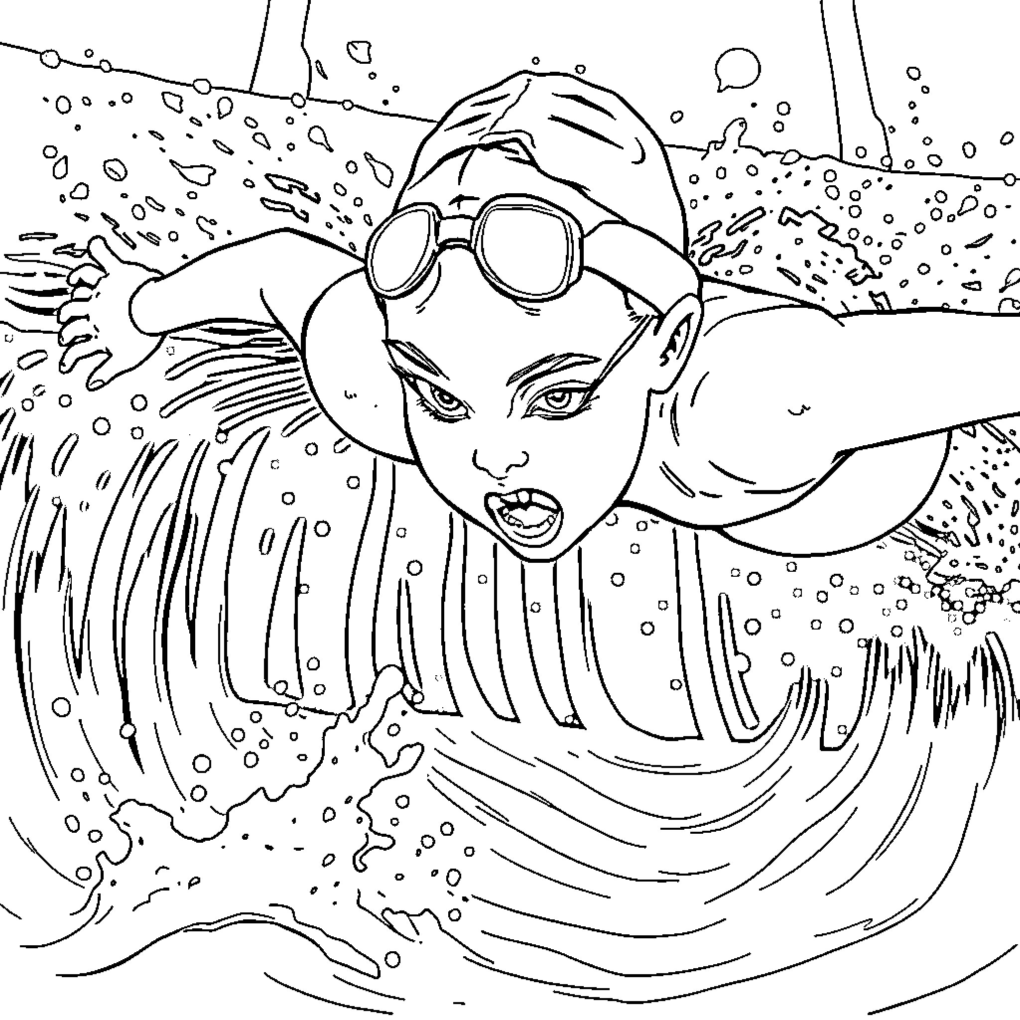 Swimmer determined in competitive waters Coloring Page (free black-and-white line drawing printable PDF for all, from beginners to advanced learners, including children, teens, adults, and seniors)