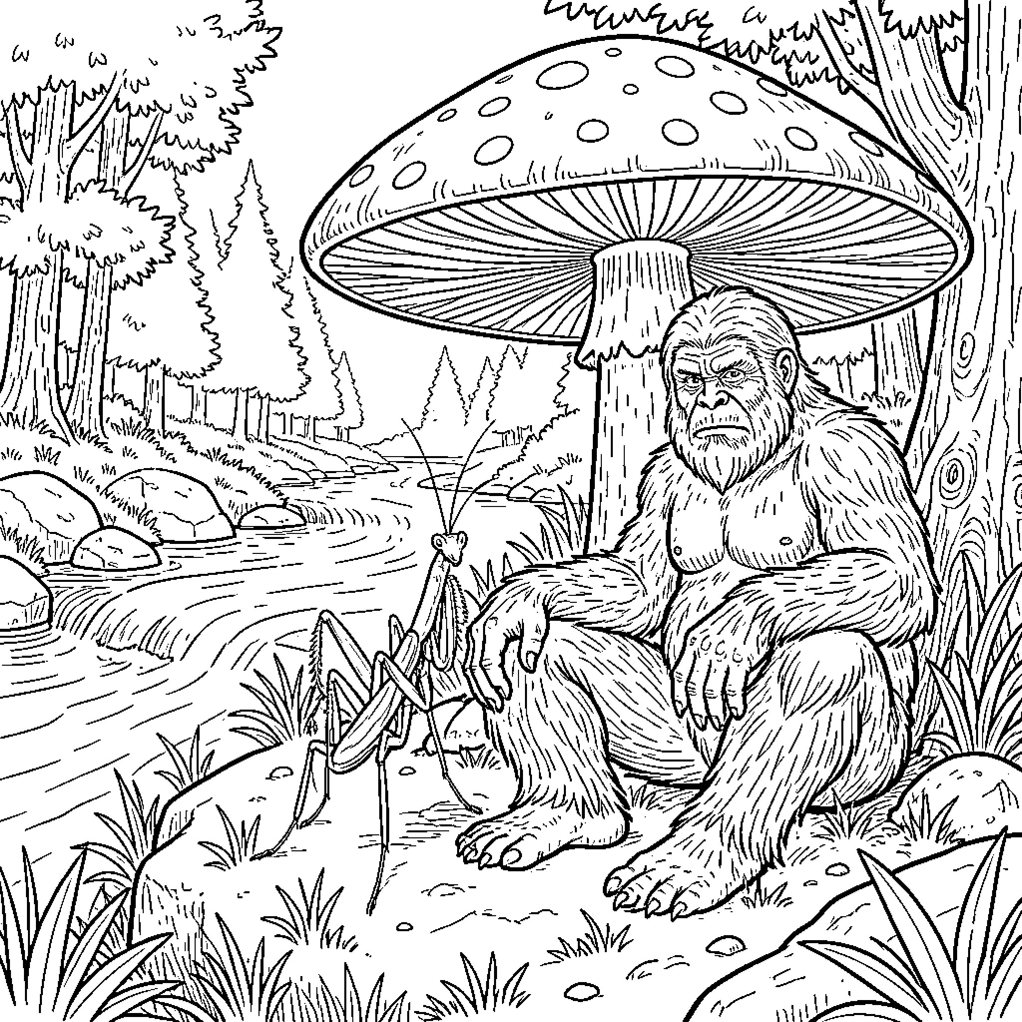 Bigfoot sitting thoughtfully near a large mushroom and praying mantis Coloring Page (free black-and-white line drawing printable PDF for all, from beginners to advanced learners, including children, teens, adults, and seniors)