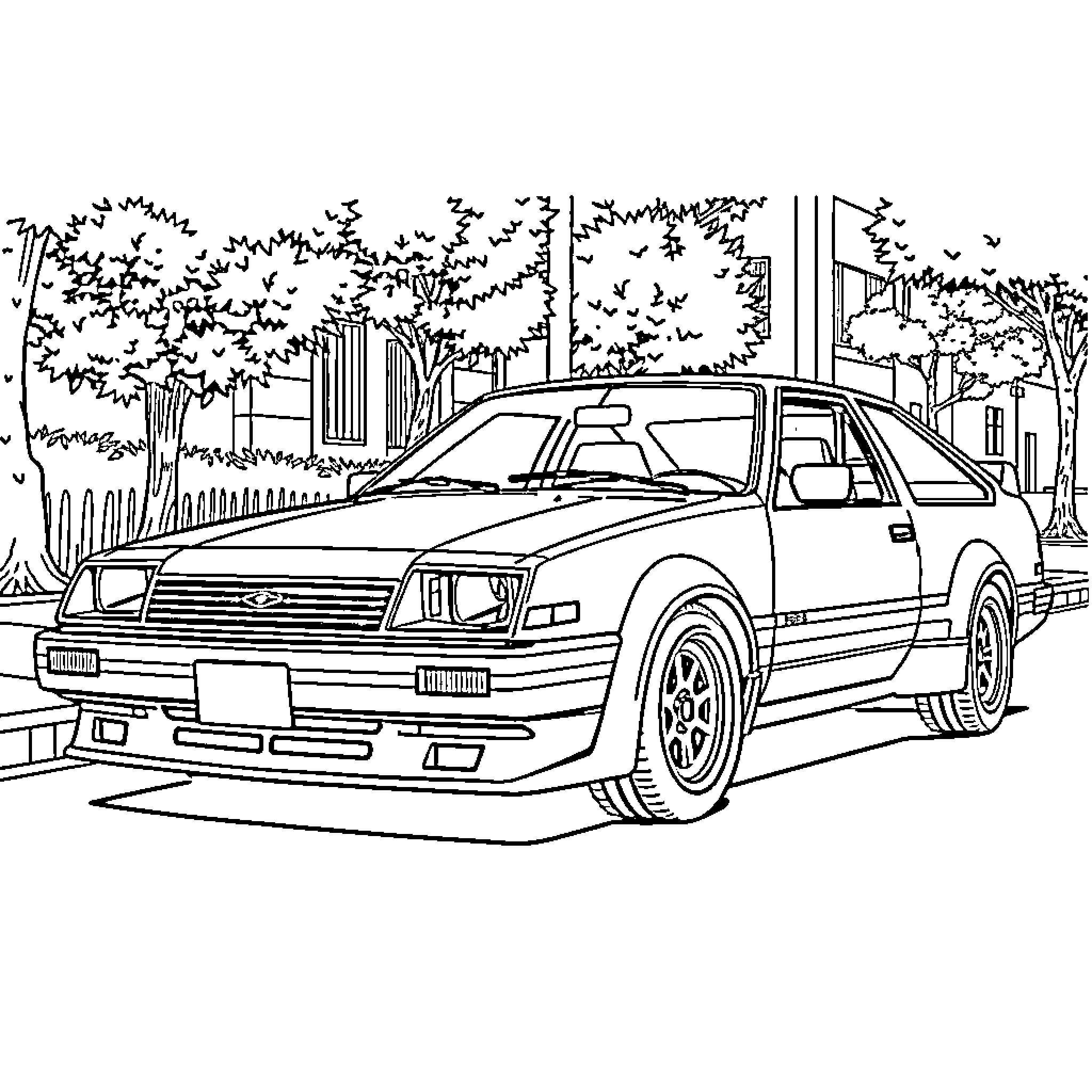 Ae86 sports car parked in urban setting Coloring Page (free black-and-white line drawing printable PDF for all, from beginners to advanced learners, including children, teens, adults, and seniors)