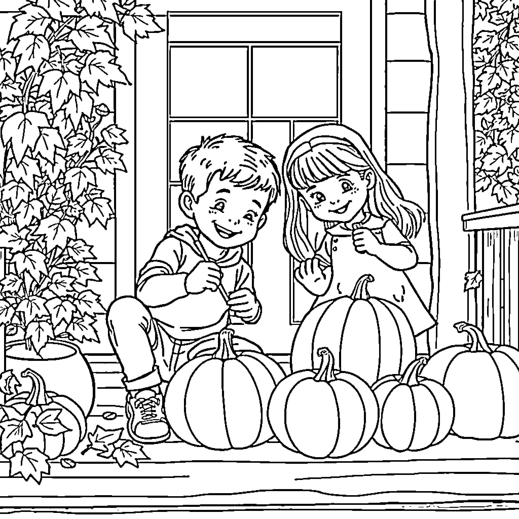 Pumpkin Carving Fun with Friends Coloring Page (free black-and-white line drawing printable PDF for all, from beginners to advanced learners, including children, teens, adults, and seniors)