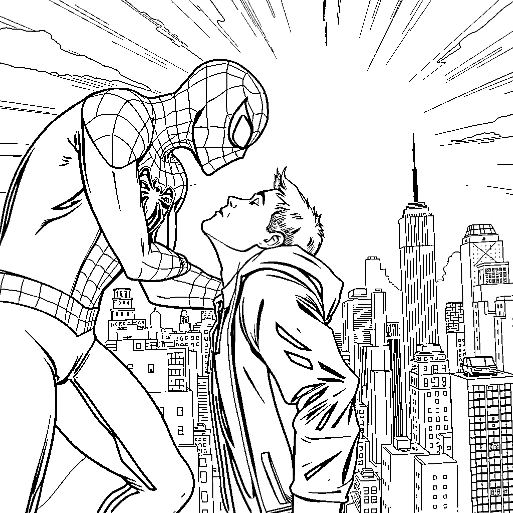 Spiderman swinging above city skyline Coloring Page (free black-and-white line drawing printable PDF for all, from beginners to advanced learners, including children, teens, adults, and seniors)